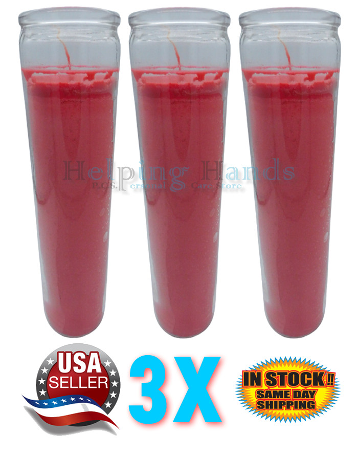 Original 80 Hour Hand Crafted Red Candles Set of 3 Beautiful Glass Case 8 Inch