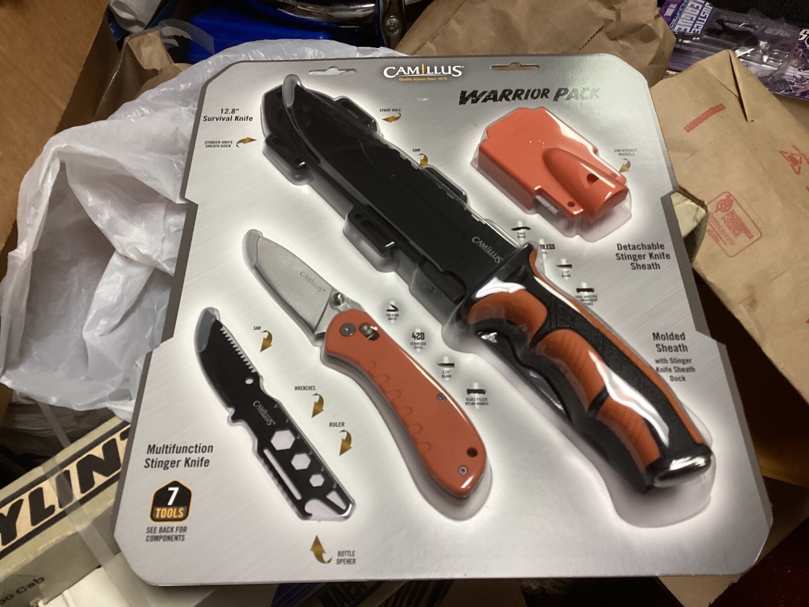 Camillus Warrior Pack 12.8 Survival Knife, Stinger Knife, Folding Knife, Whistle