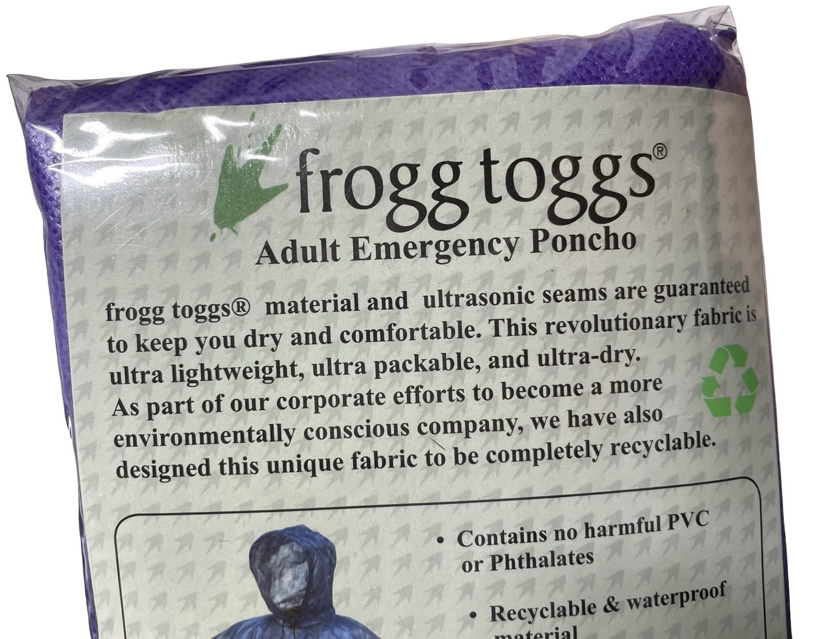 Frogg Toggs Purple Adult Emergency Rain Poncho 1 Size Fits All Travel Packable