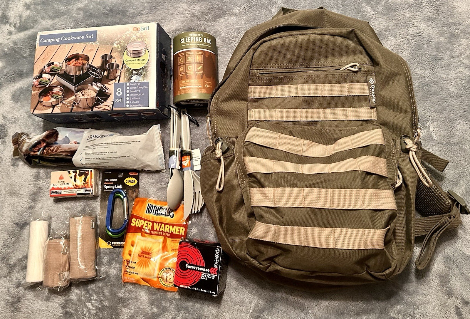 Emergency Kit With Outdoor Backpack Hiking Hunting Camping Never Used