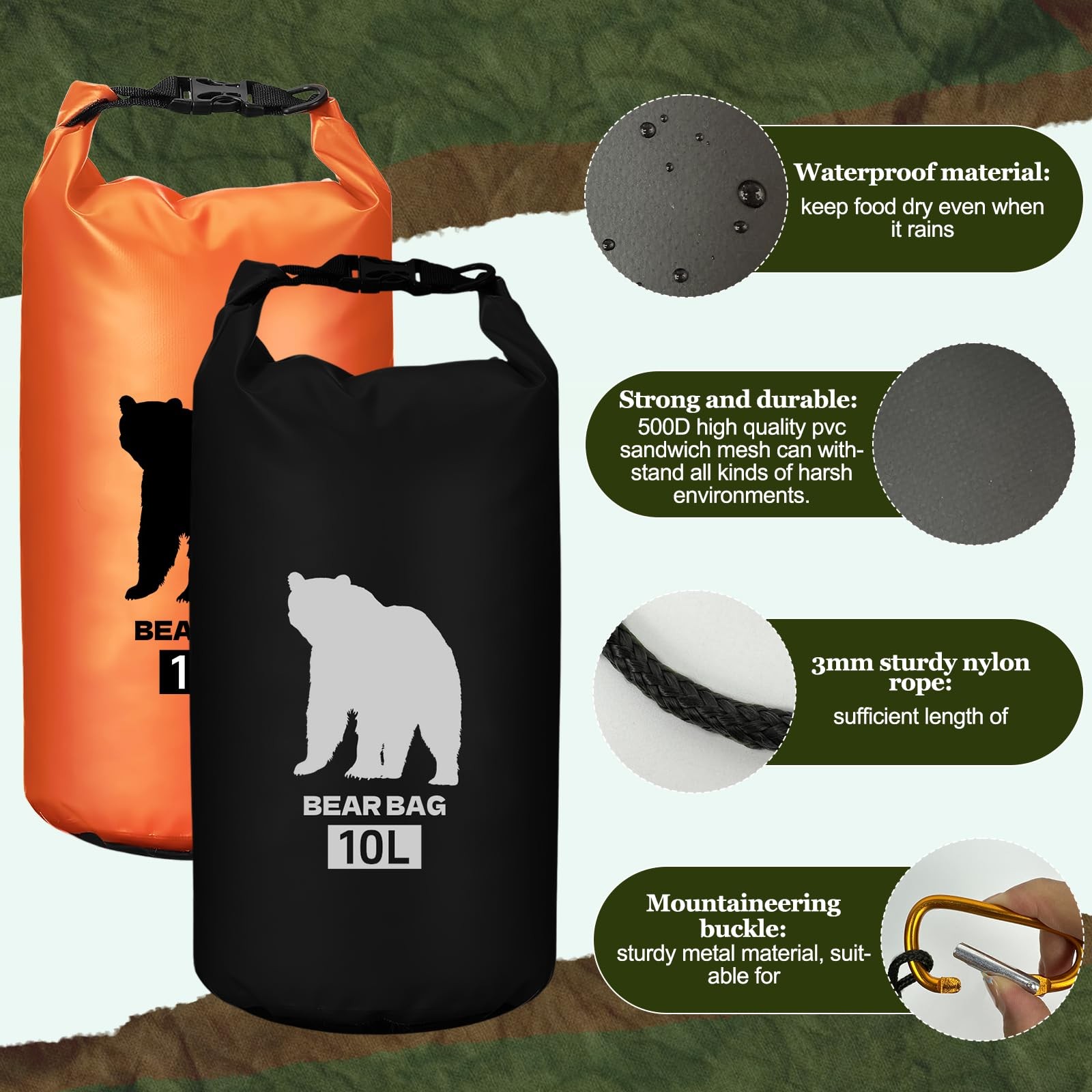 2 Pcs 10L waterproof bear bags with 4 nylon ropes, 4 clips & 2 rock pockets &…