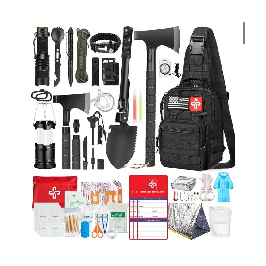 Outdoor Survival Kit Black Backpack Axe Shovel Flashlight Blanket First Aid