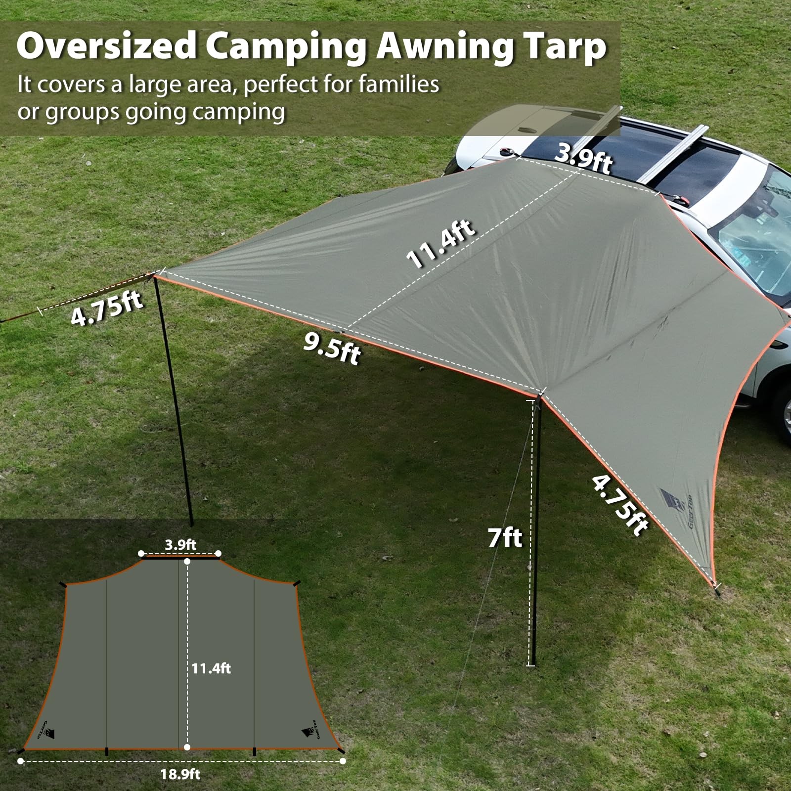 GEERTOP Large Car Side Camping Awning 19 x 11 ft 19ft x 11.5ft, Lunar Green