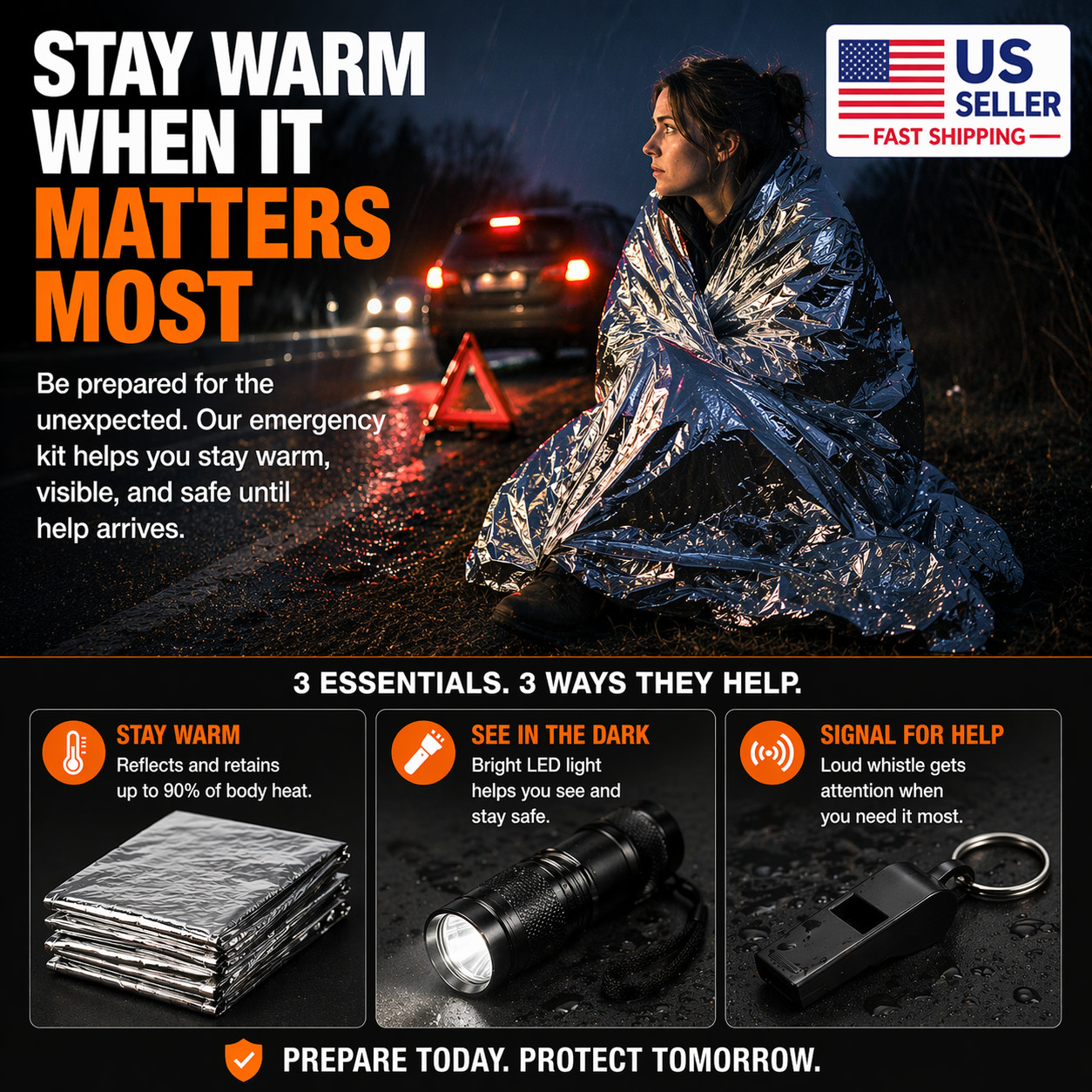 Compact Emergency Survival Kit Car Camping Mylar Thermal Blanket Set