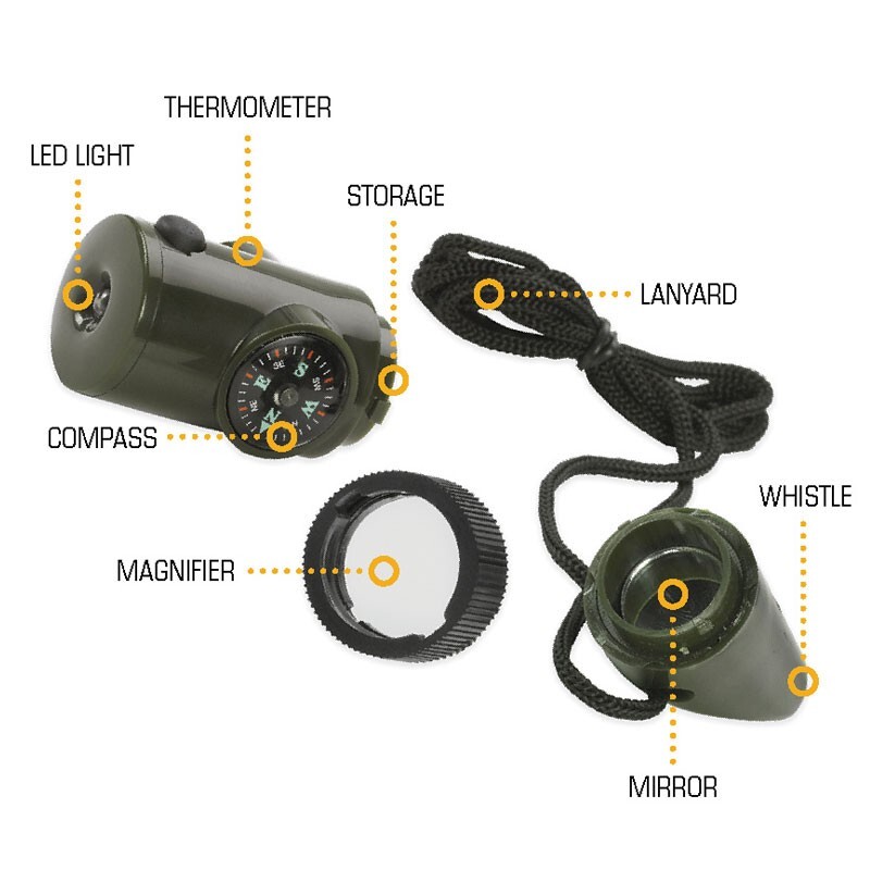NDūR’s 7-in-1 Survival Whistle – Compass, Light, Magnifier, Mirror, Thermometer