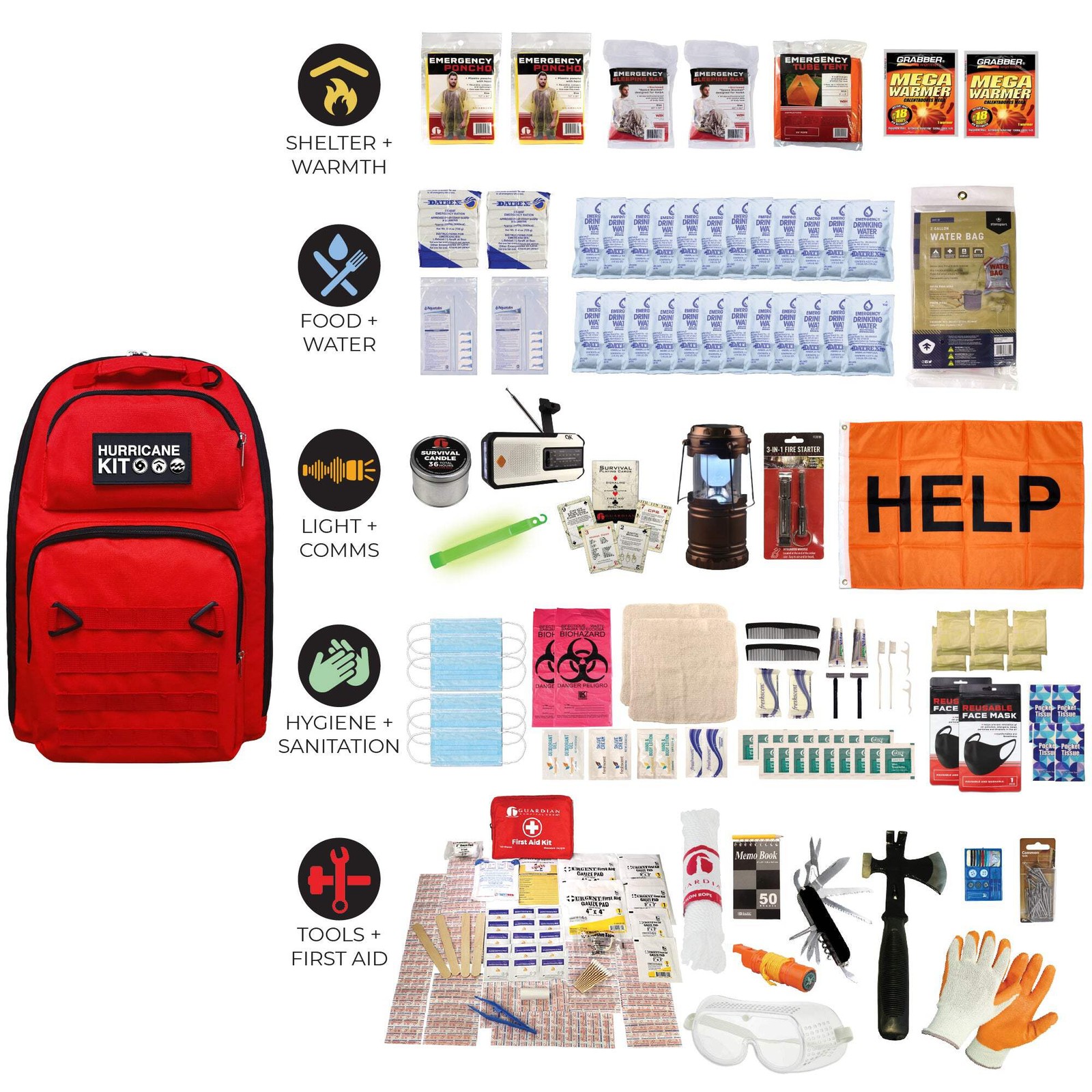1 Person Hurricane Kit – Quake Kits – First Aid, Shelter, Tools, Signaling Survi