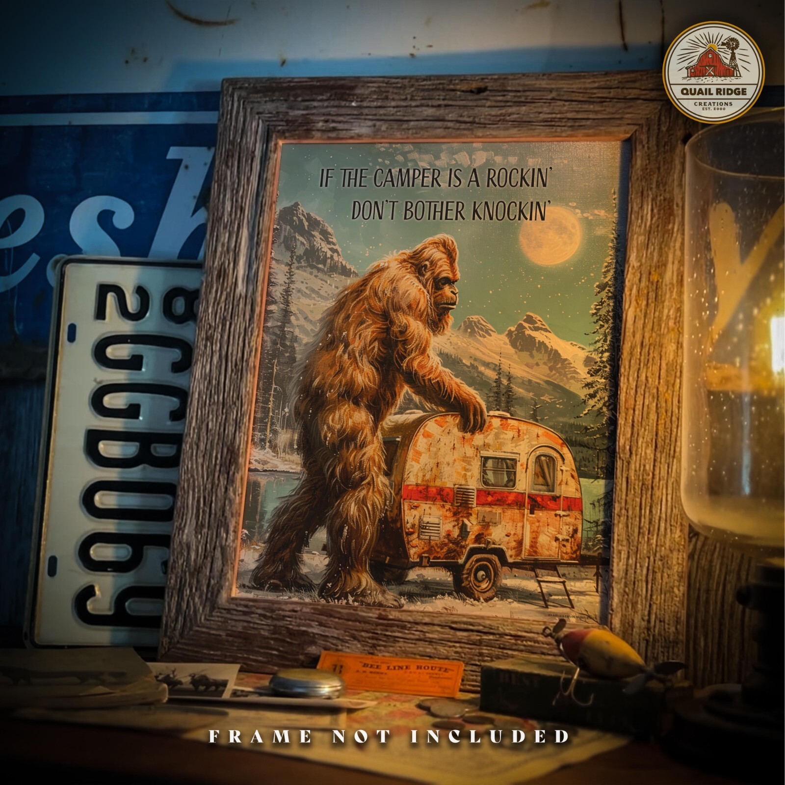Vintage Sasquatch Bigfoot Art Print RV Camping Artwork Camper Wall Decor Gift