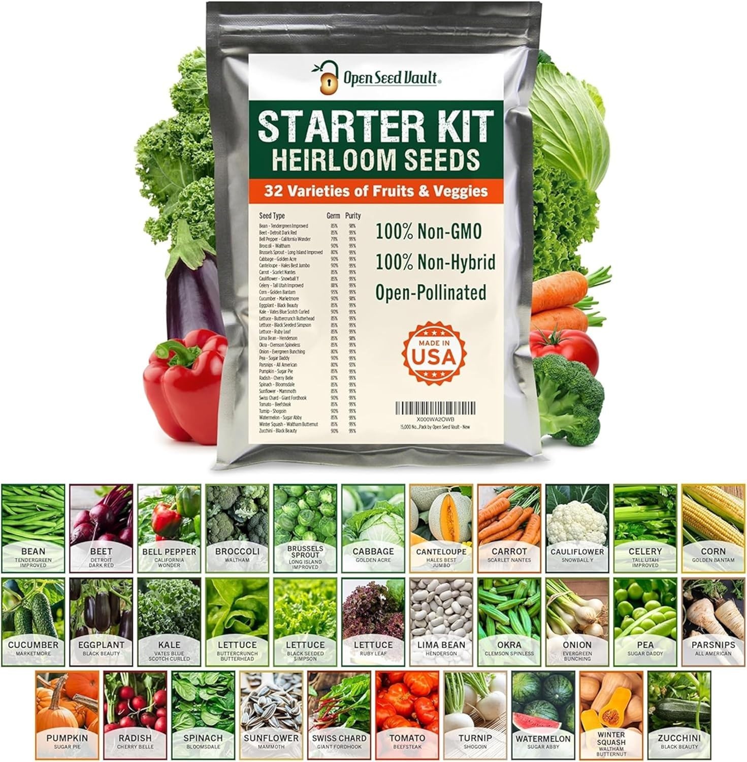 15,000 Heirloom Seeds | 32 Seed Types | Survival Seeds | 2026 Season | Non GM…