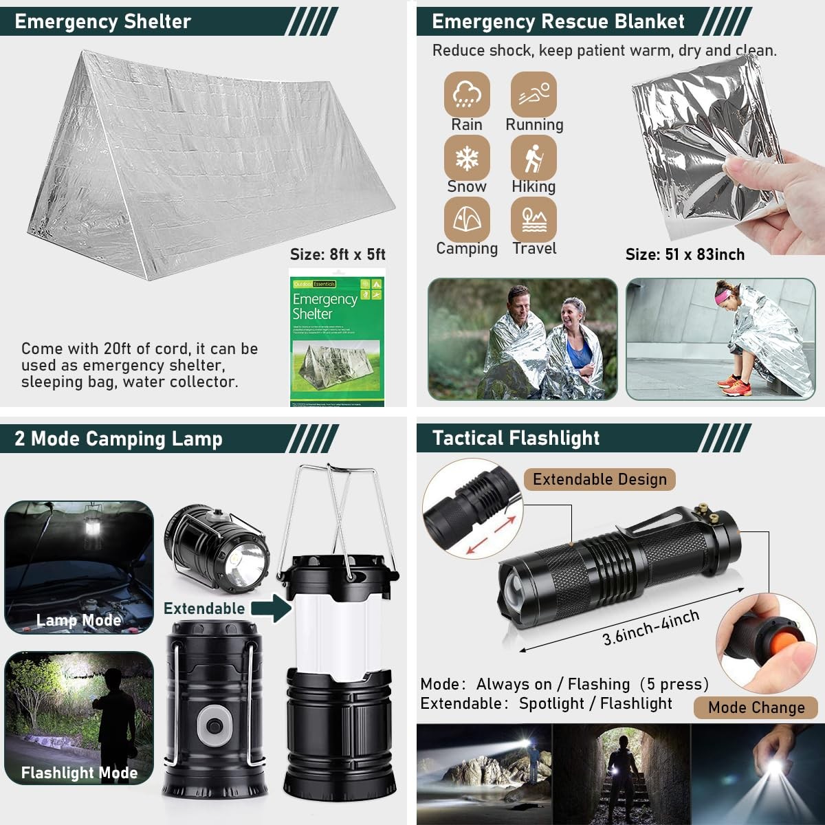 Survival Kit, 262Pcs Gear and Supplies with First Standard, Black