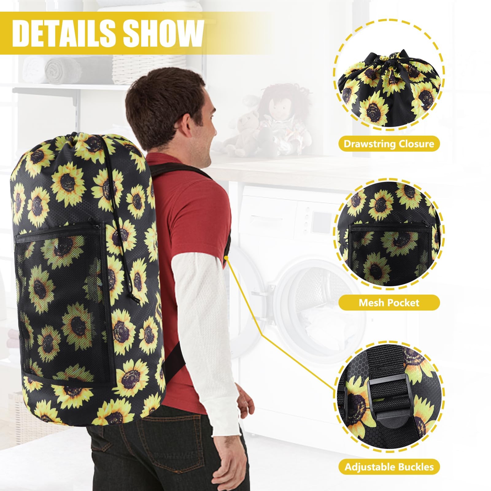 Olosar Laundry Bag Backpack, Extra Large Travel 1Pack, Sunflower