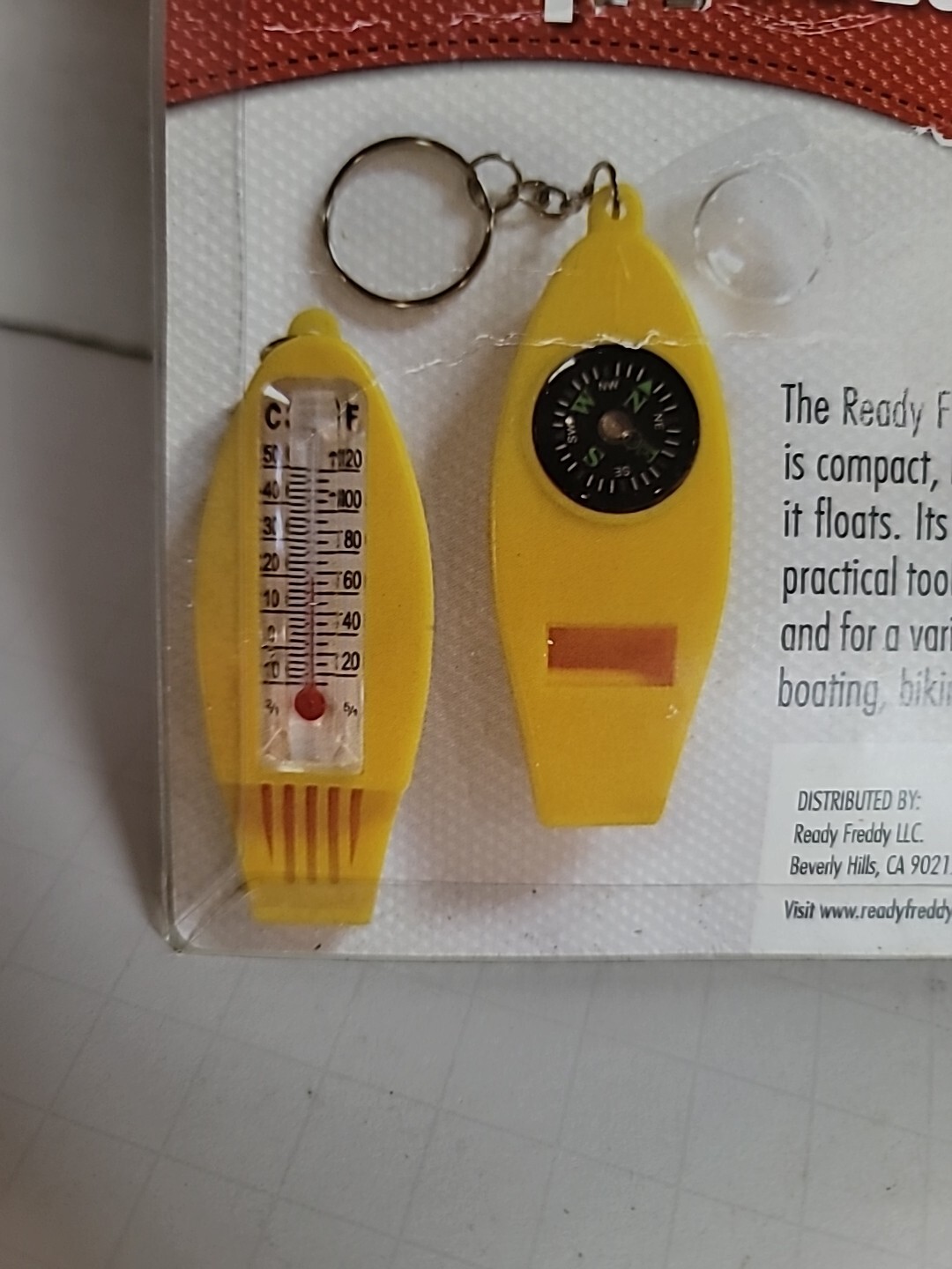 Ready Freddy 4 in 1 Signal Whistle in trouble w/ thermometer,compass,magnifier