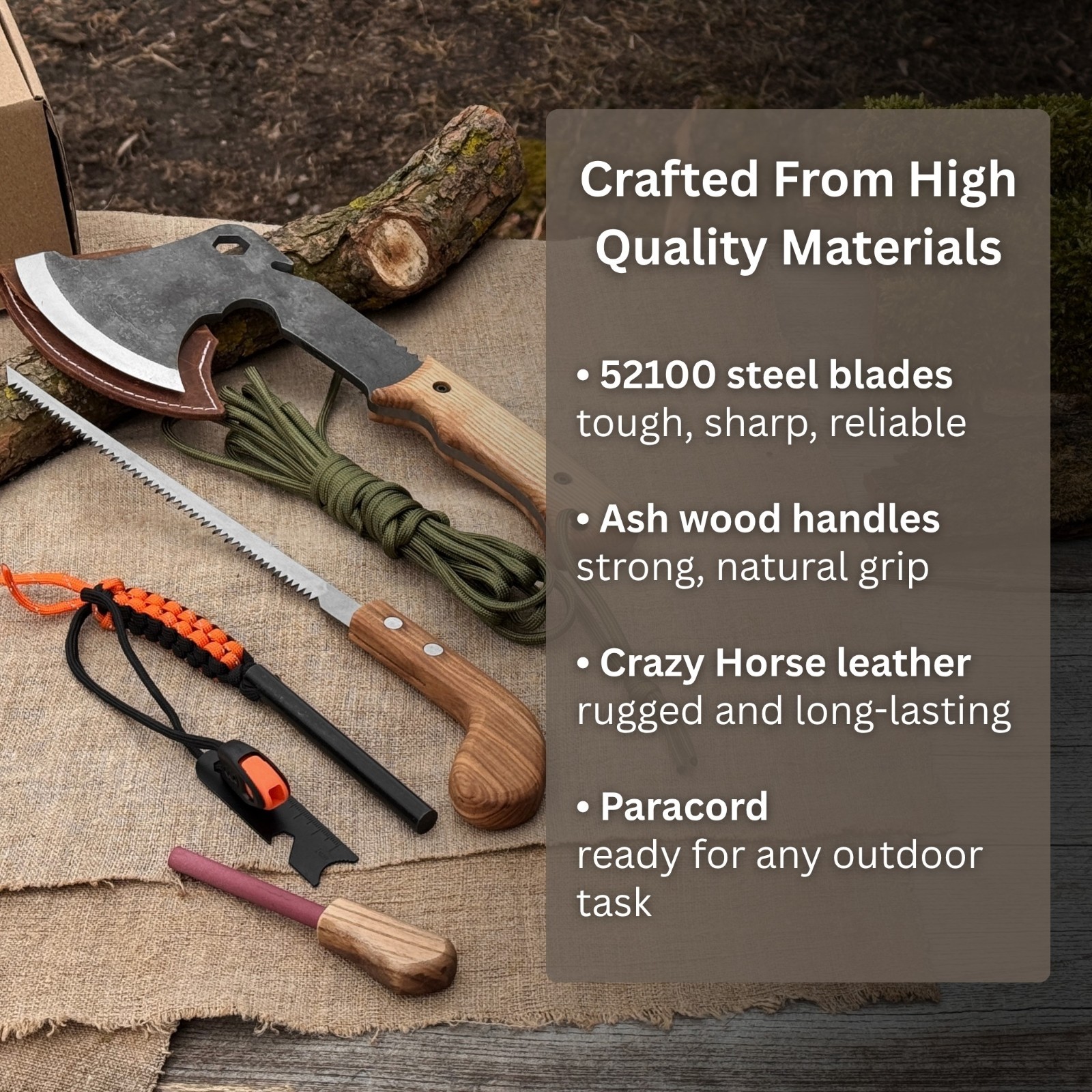 Bushcraft Kit with Camping Axe Saw Ferro Rod Sharpening Tool for Hiking Fishing