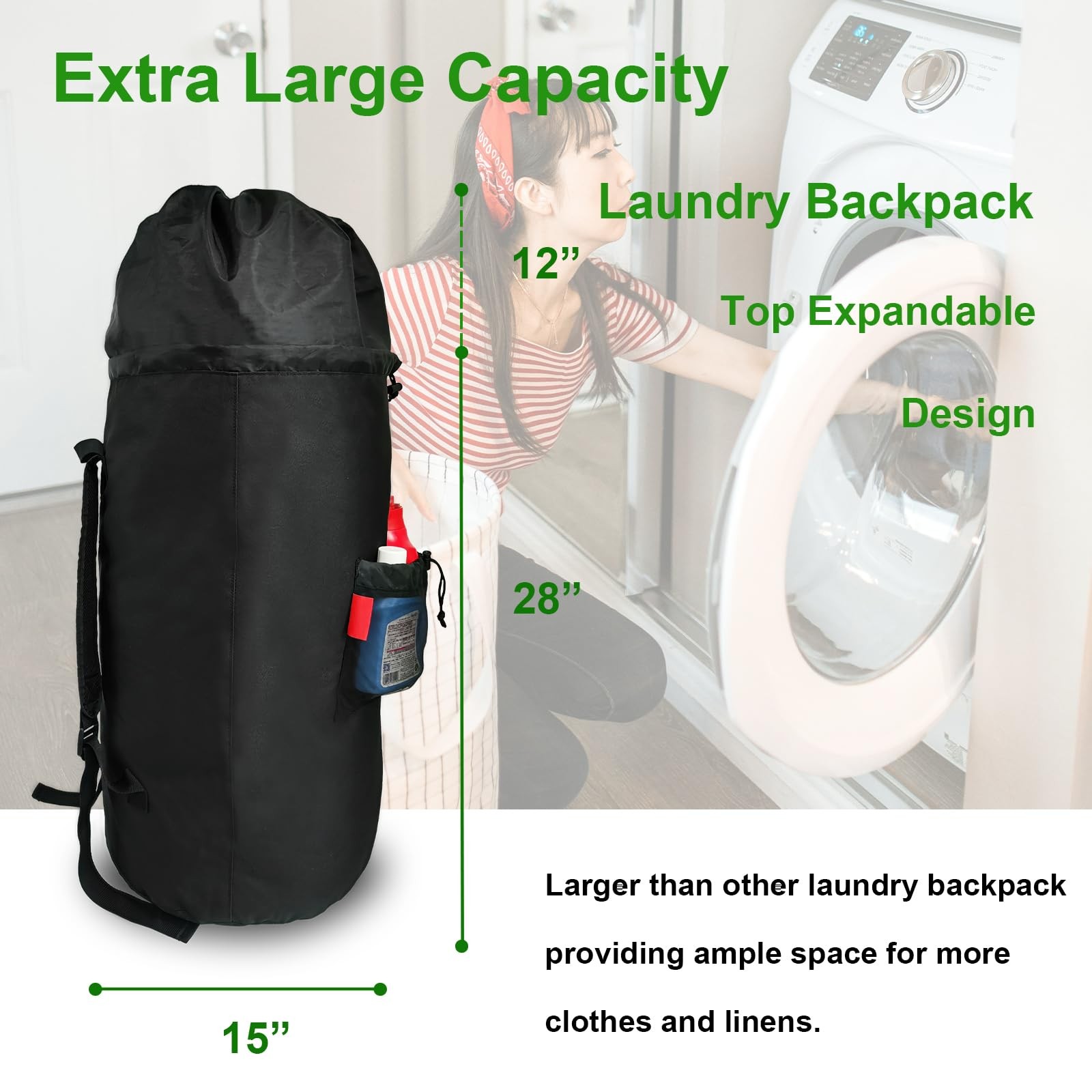 Extra Large Laundry Backpack with Padded Shoulder X-Large, Black