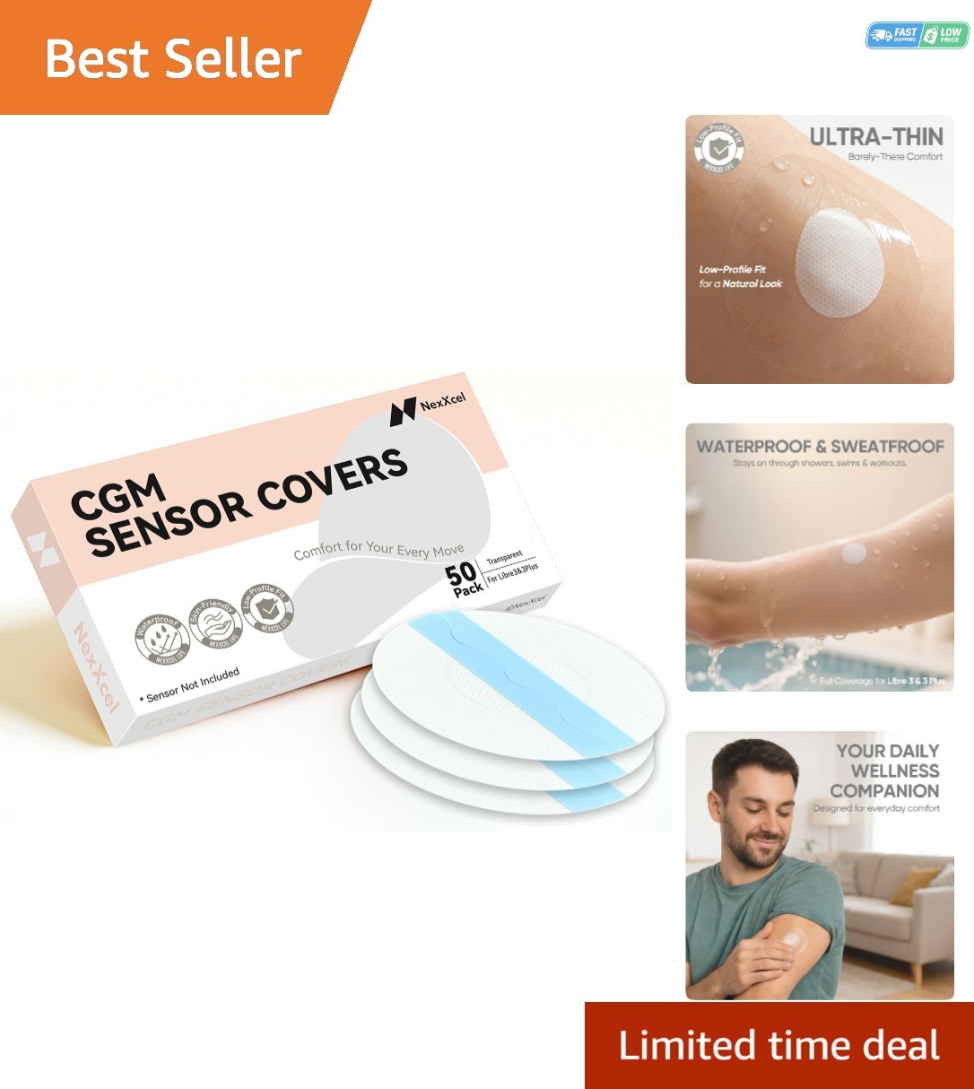 50 PCS Freestyle Sensor Covers for Libre 3-Adhesive Patches-Waterproof CGM Tap