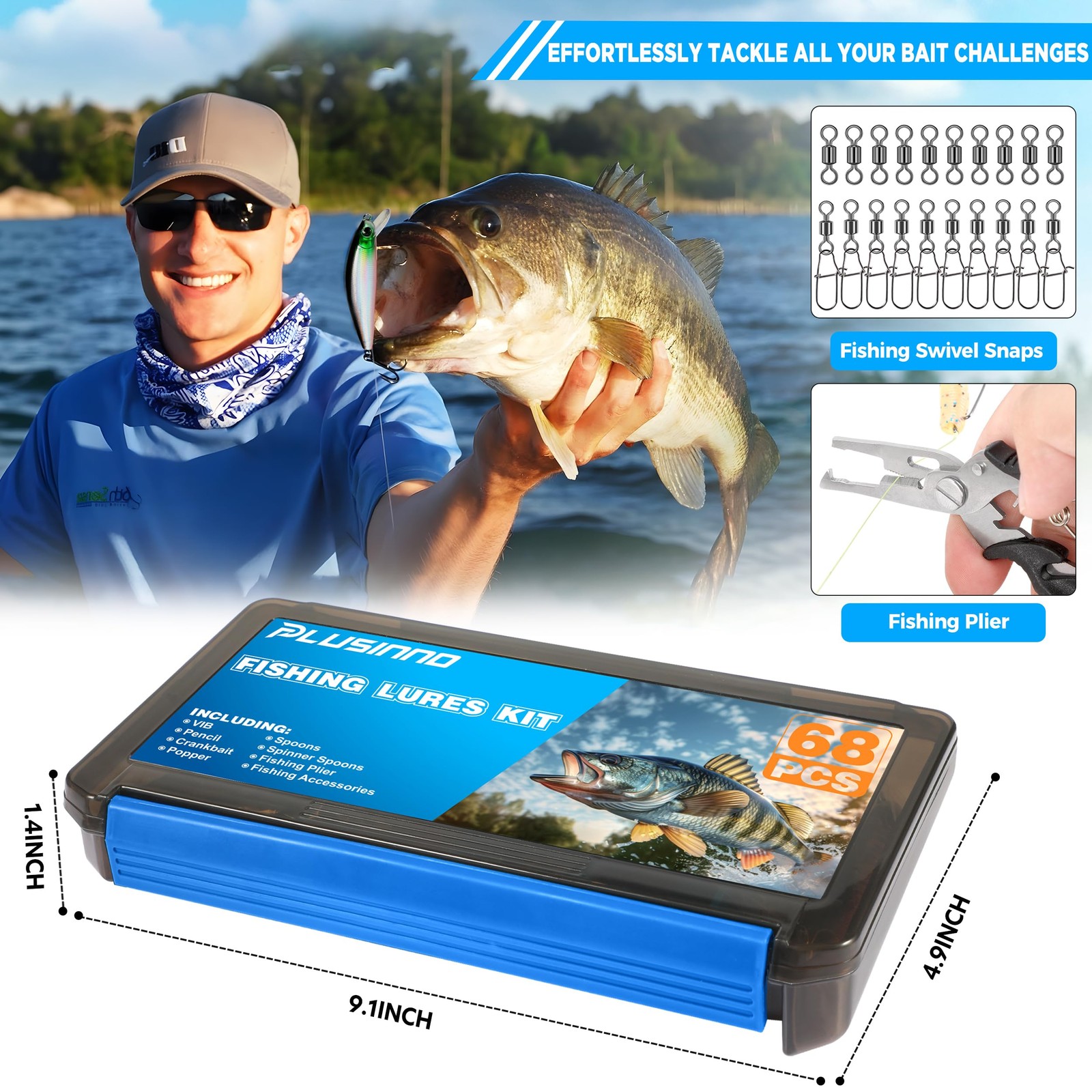 PLUSINNO Fishing Lures Tackle Box Gifts for 5, 68pcs Accessories Kit