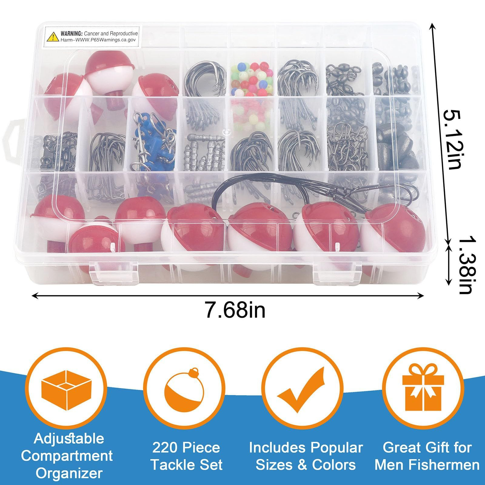 220pcs Fishing Hooks Bobbers Tackle Kit Beginners Equipment Includes Red