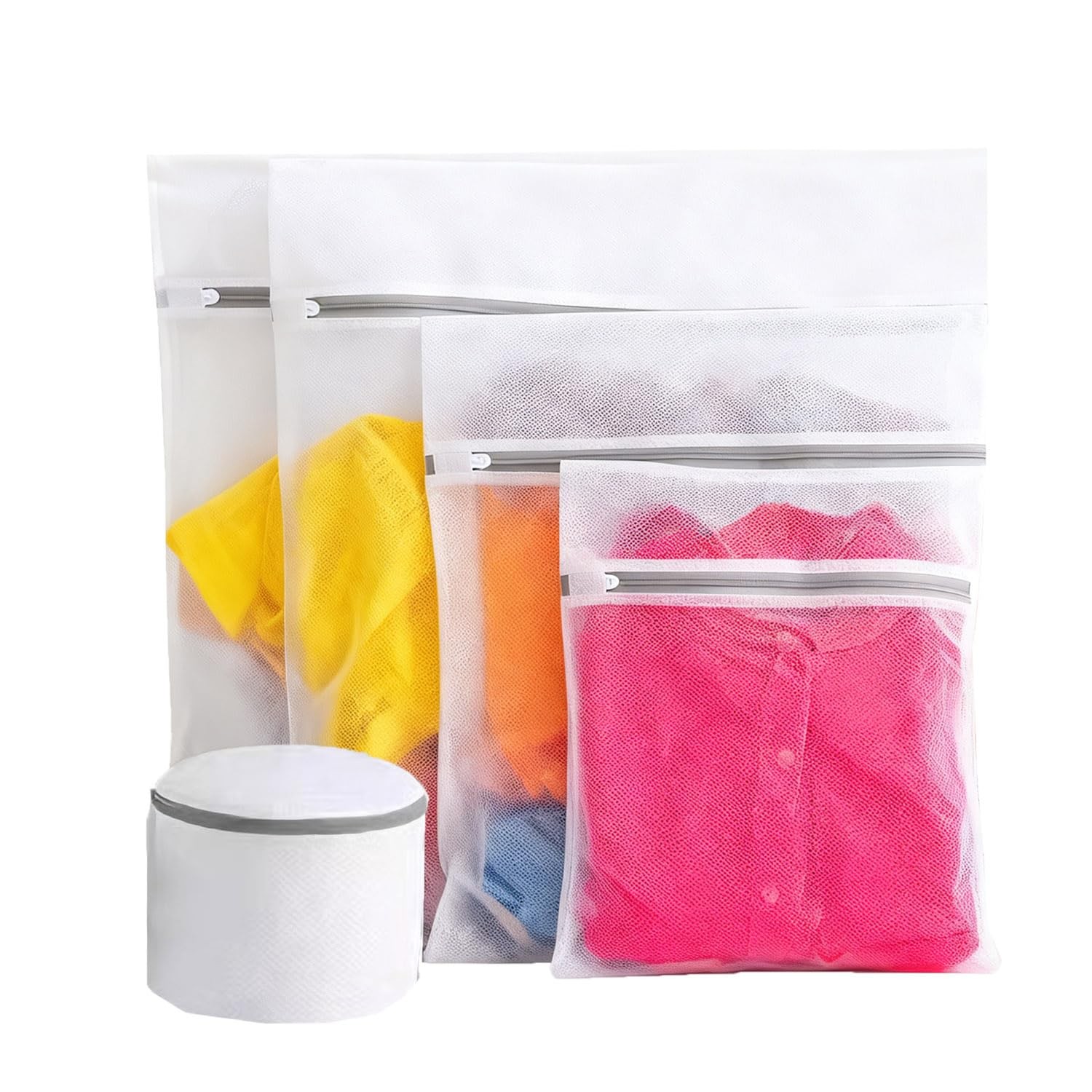 Mesh Laundry Bags 5 Pcs, with Sturdy Zipper Openings, Protect 5 pcs, White