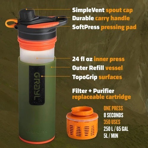 Grayl GeoPress 24oz Water Purifier Bottle Outdoor Survival Portable Filter