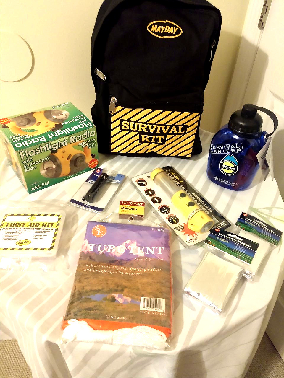 Survival Kit for 2: MAYDAY Delux Backpack + Canteen, Light/Binoculars + SPECIAL