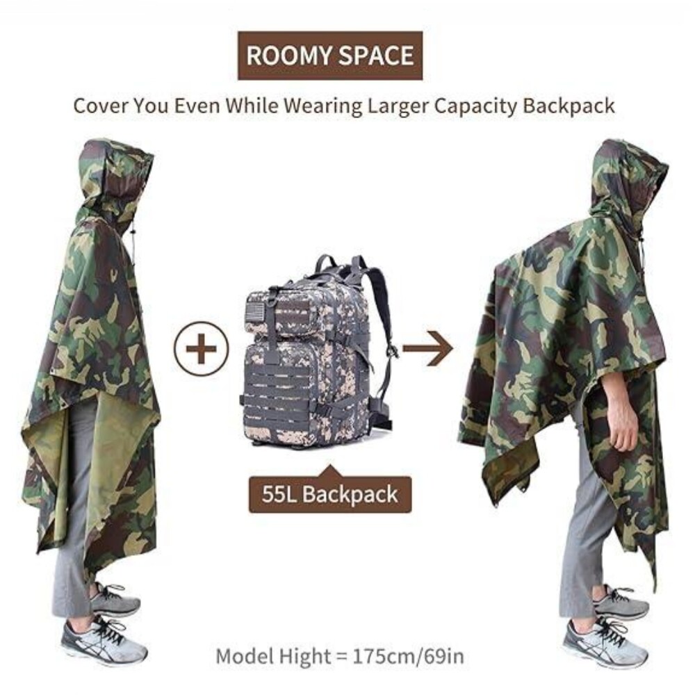 Rain Cover Waterproof Hooded US-Army Style Military Army Poncho Cape Rain Coat