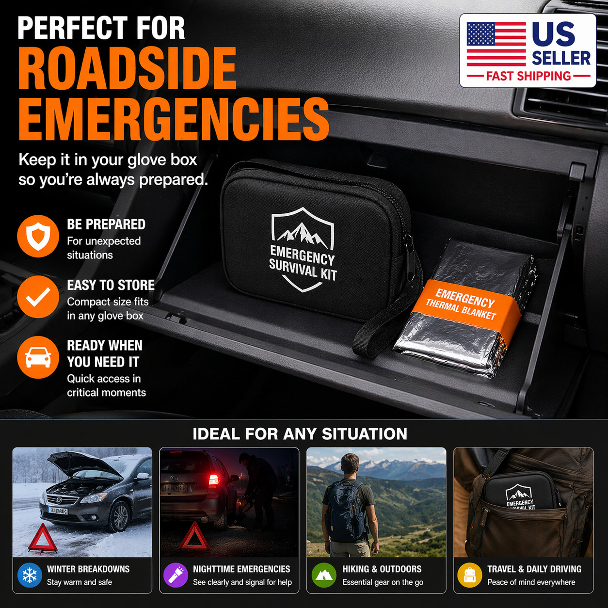 Compact Emergency Survival Kit Car Camping Mylar Thermal Blanket Set