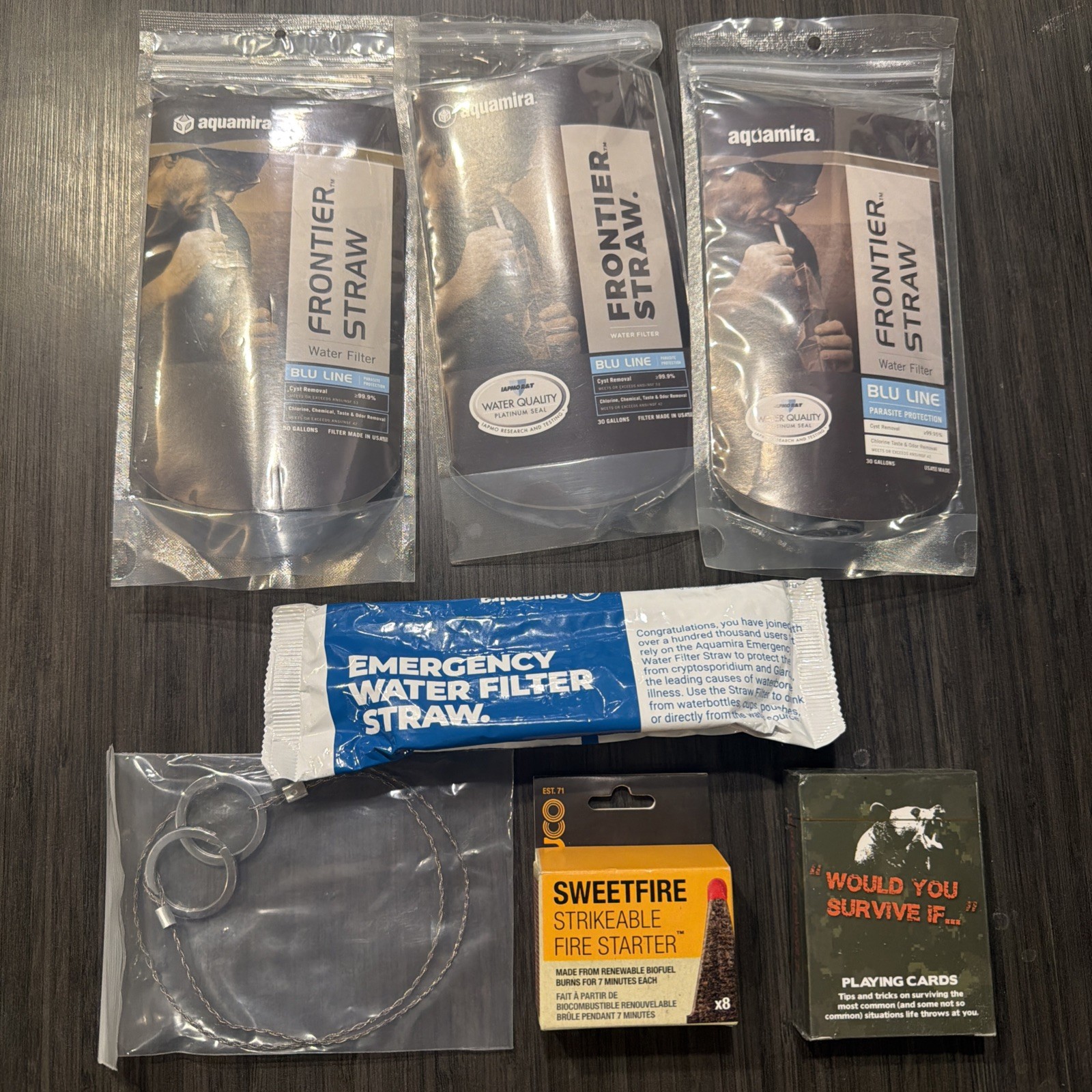 Survival Kit Lot 4 Aquamira Water Filters UCO Fire Starter Wire Saw & Cards New