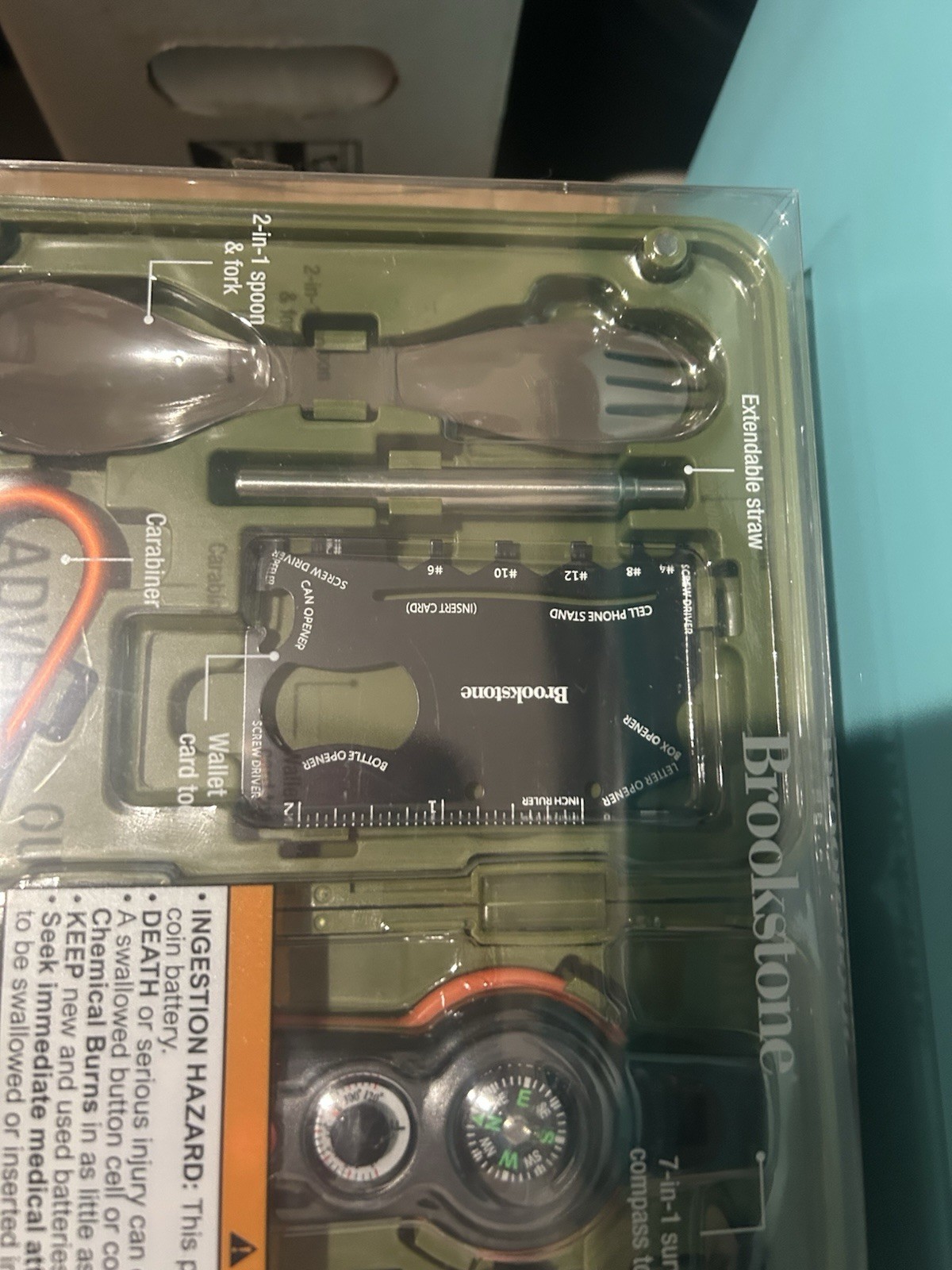 Brookstone 7-in-1 Survival Compass Kit Green Whistle LED Flashlight Magnifier