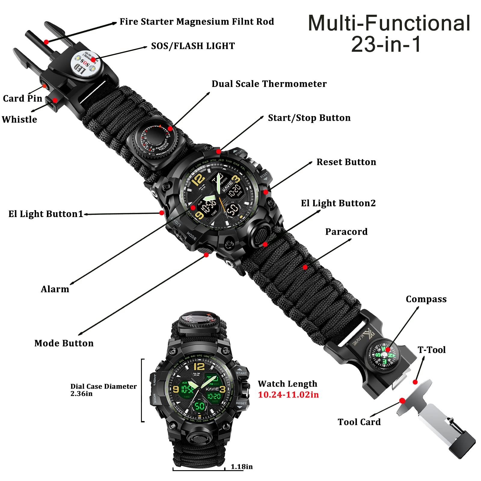 Mens Tactical Military Digital Watch, 23-in-1 Survival Multi-Functional Army …