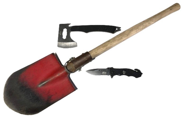 Shovel Pick Trenching Tool + Tactical Knife + Survival Hatchet PryBar Multi