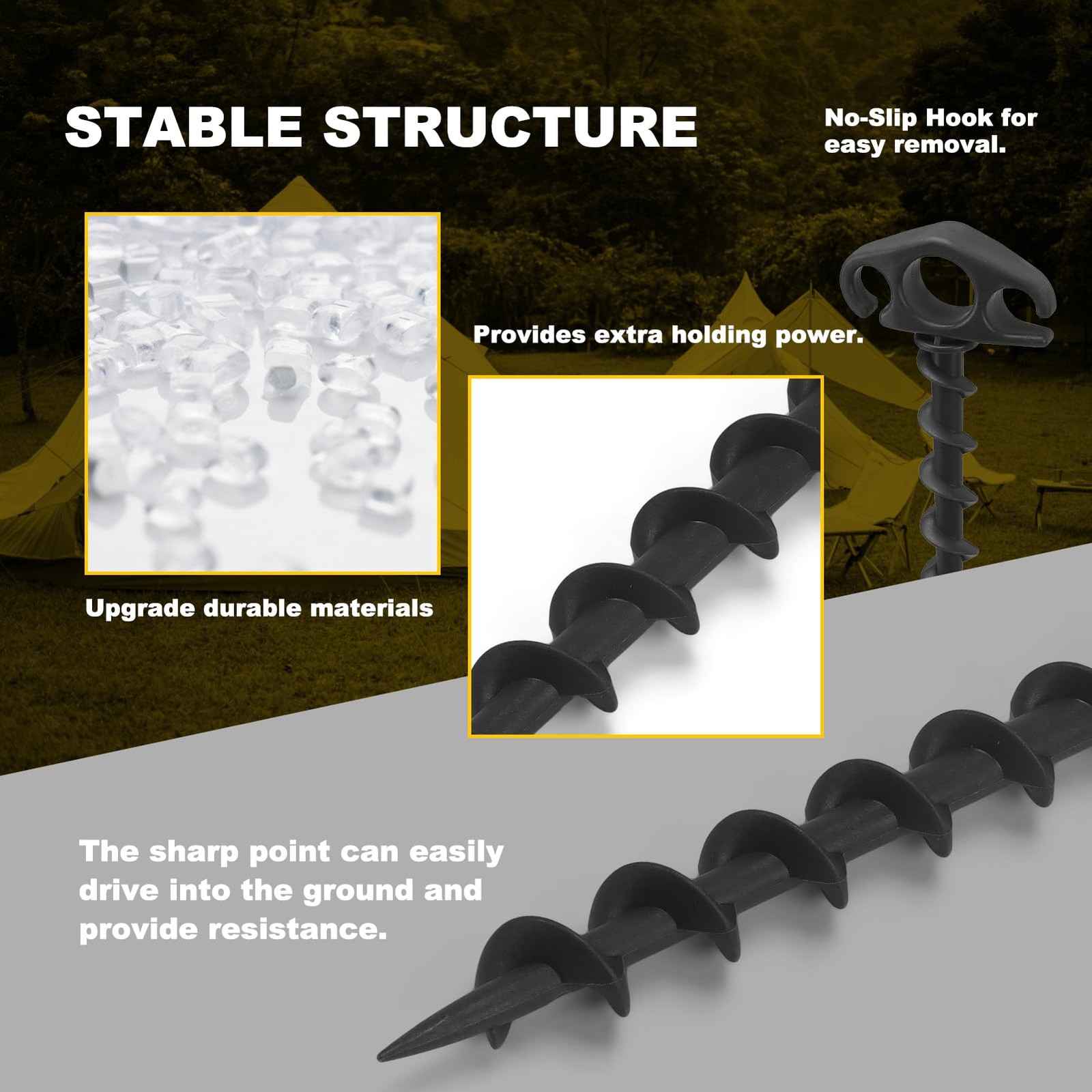 COBARYEN Tent Stakes Ground Anchors Screw in, 6 Pack Sand for Black