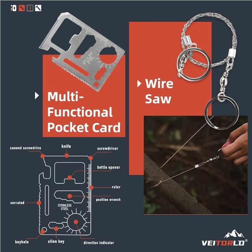 Veitorld Survival Kit Black 12-in-1 Multi-Tool Set Knife Fire Starter Compass
