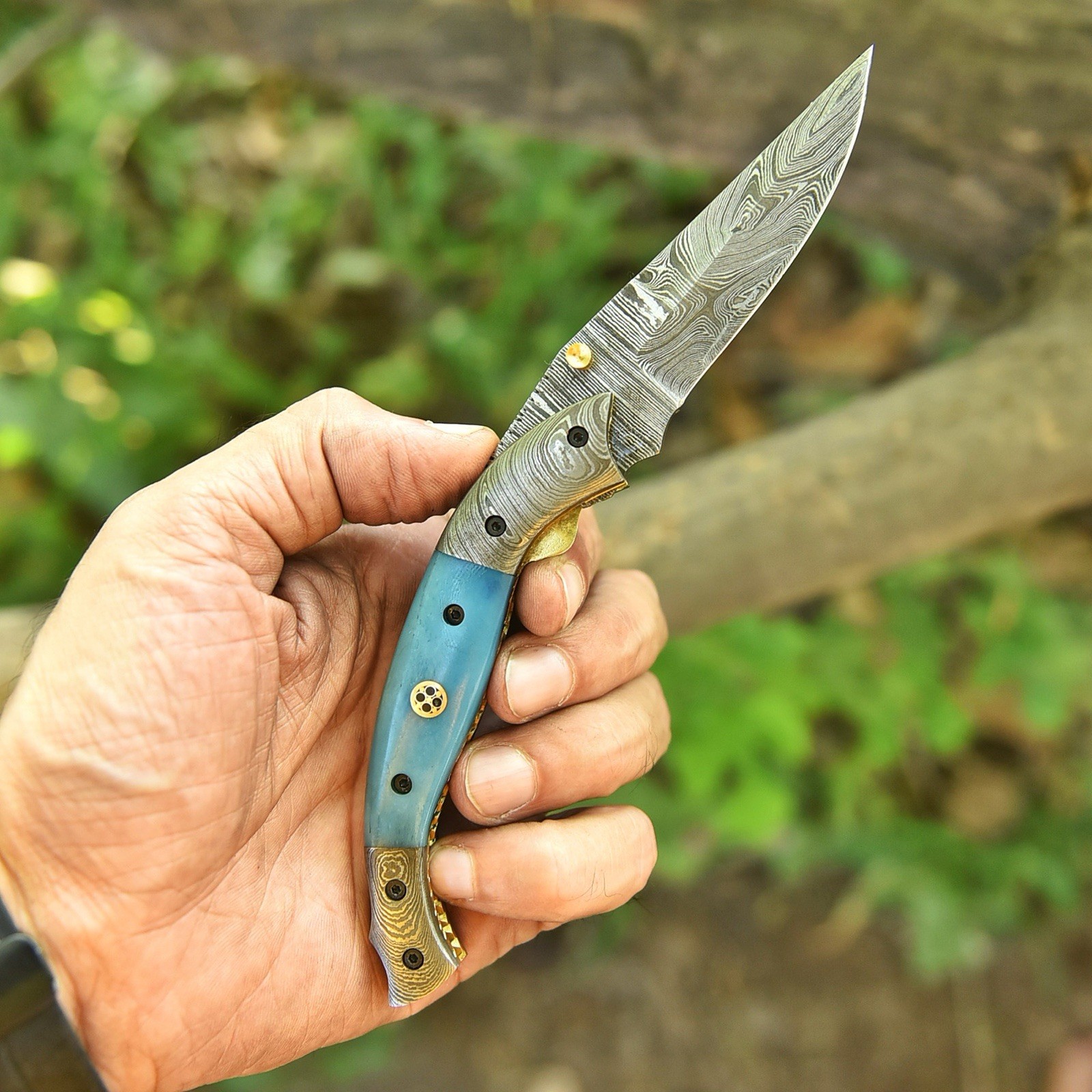 USA Pocket Knife Damascus Folding Blade Knife Camel Bone Handle