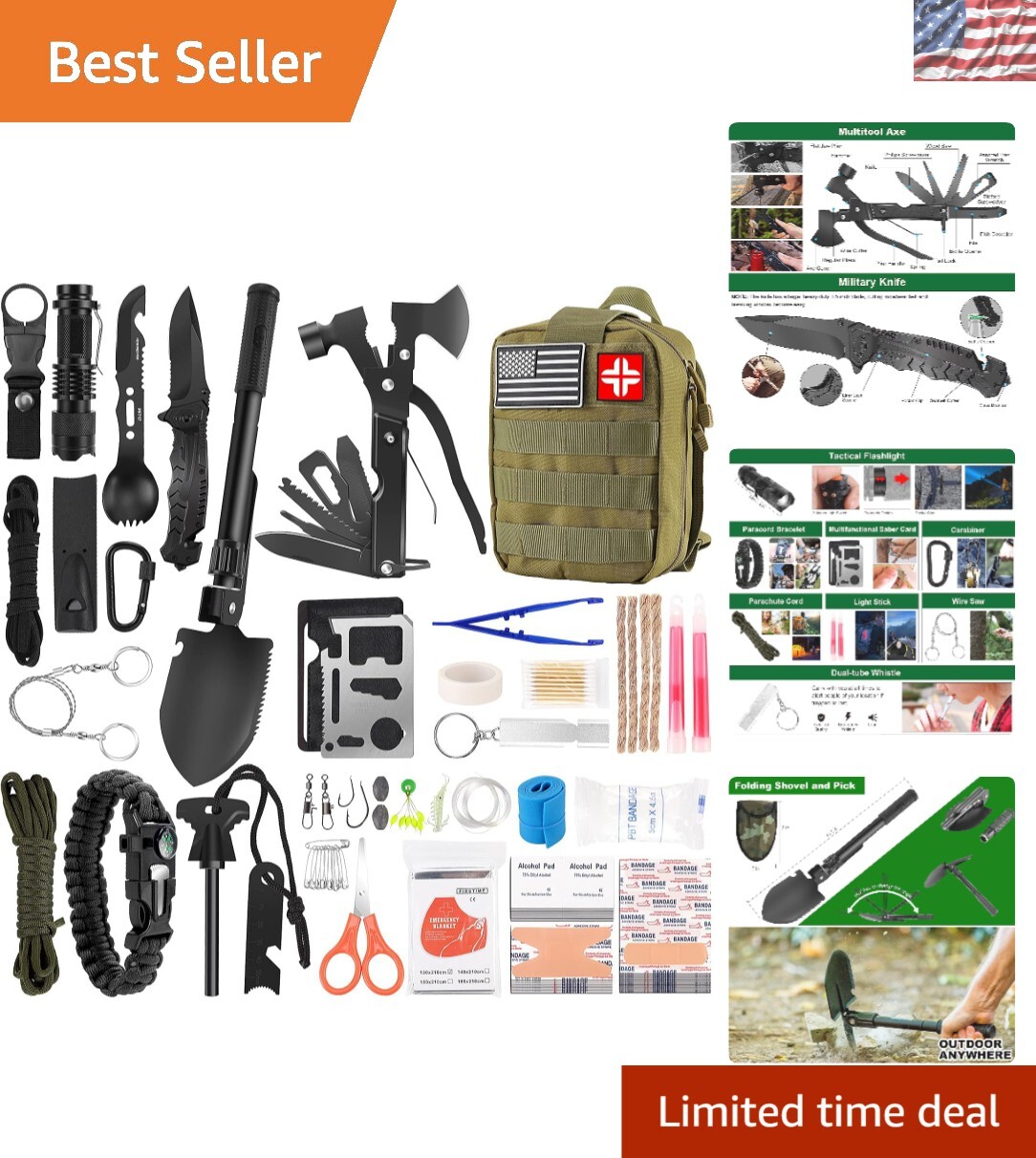 All-in-One 142-Piece Survival Tools & First Aid Kit – Ideal for Camping & Hiking