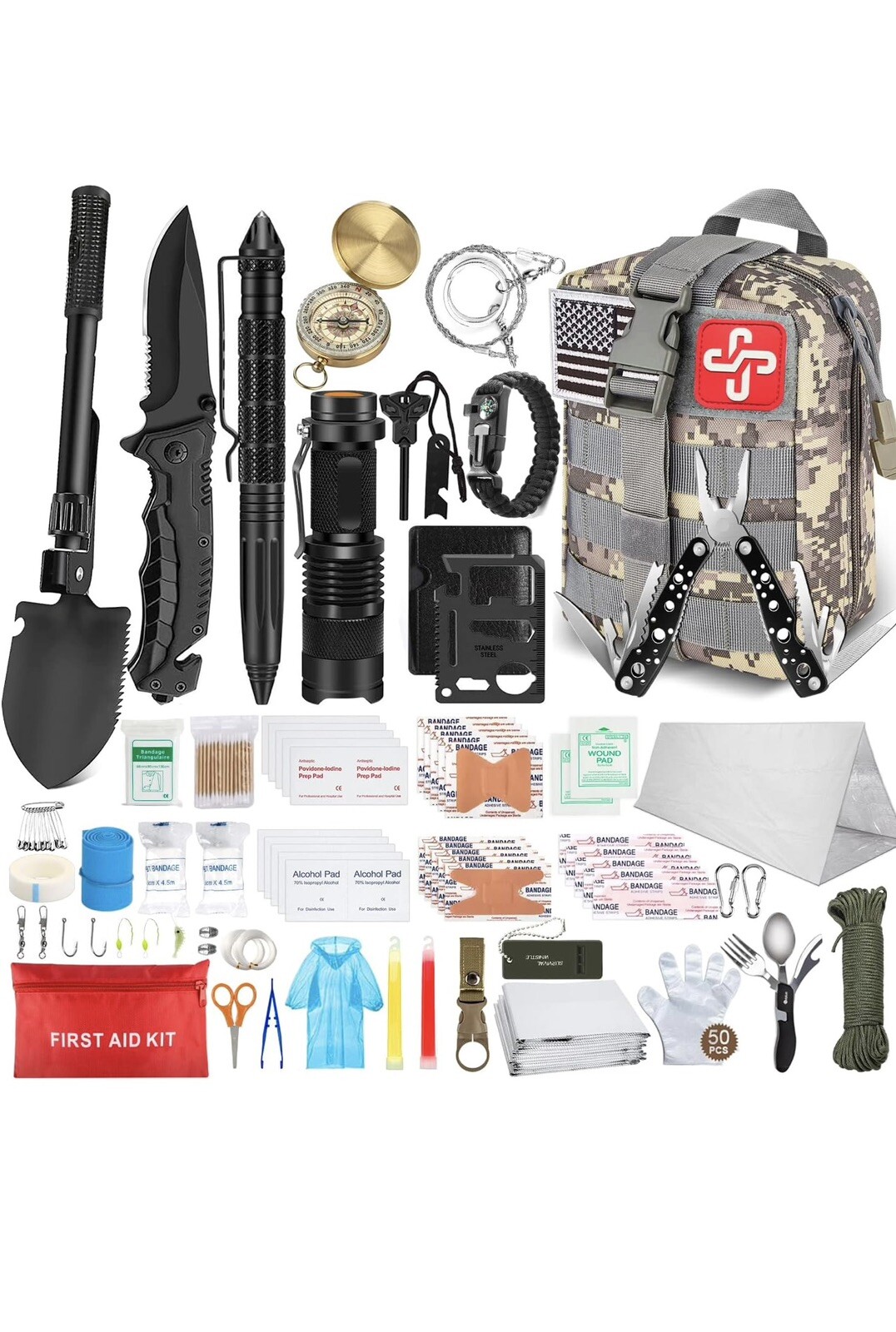 238 Pcs Emergency Survival Kit W/ Tactical Molle Pouch & Emergency Tent Camping