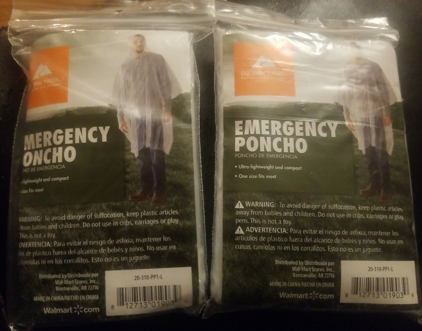 2 PACK Ozark Trail Clear Emergency Rain Poncho – Fits in Pocket ~ Camping Supply