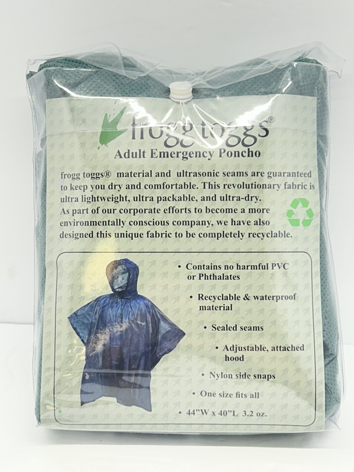 Frogg Toggs Green Adult Emergency Poncho Ultra LiteOne Size Fits All 44″W x 40″L