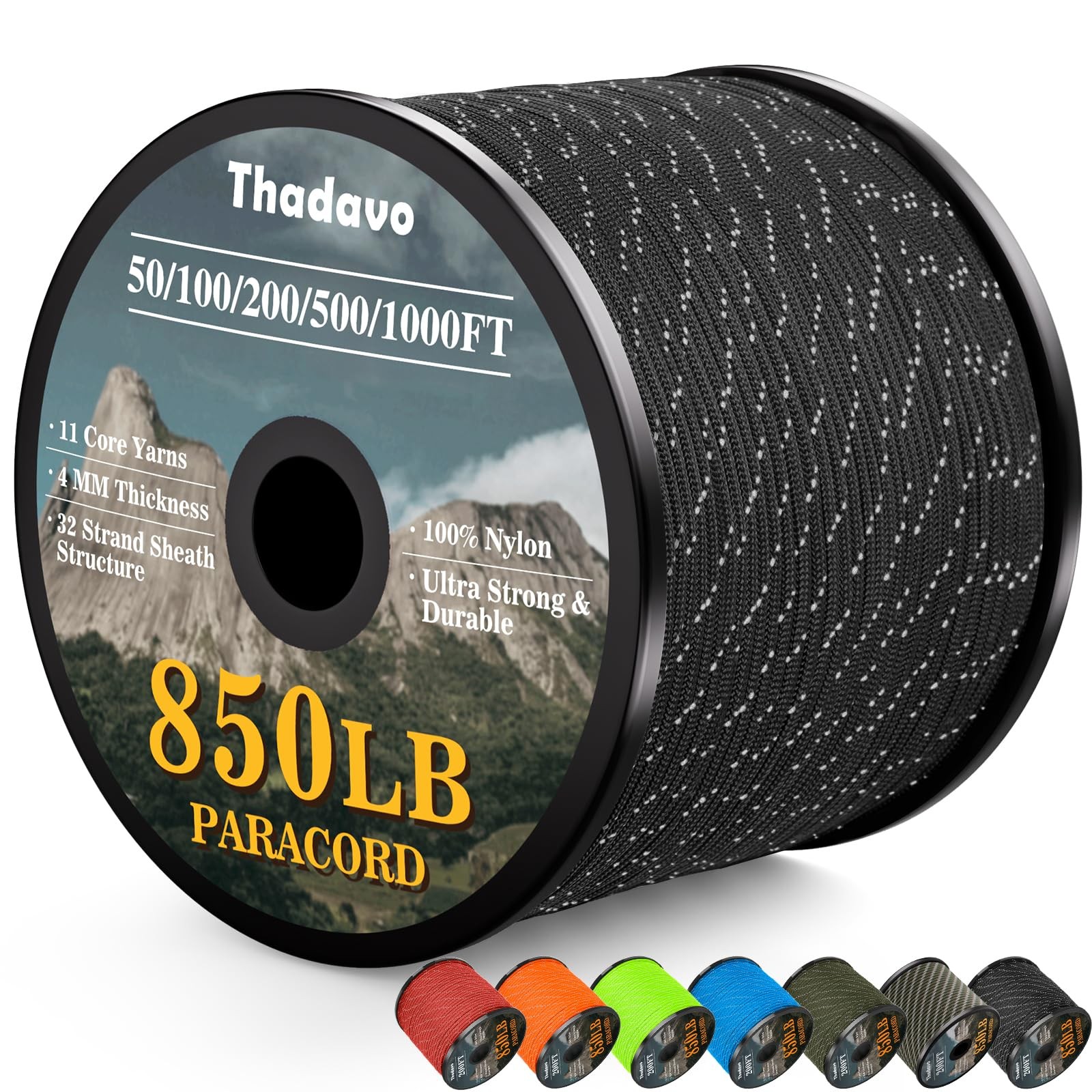 Thadavo Reflective Paracord Rope 850Ib, 50/100/200/500/1000ft 100FT, Black