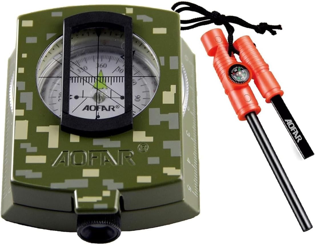 AOFAR Military Compass and Fire Starter AF-4580/381 Lensatic Sighting, Survival