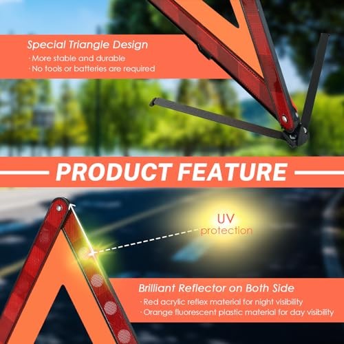 3 Pack Emergency Warning Triangles, Reflective Roadside Safety Triangle Kit