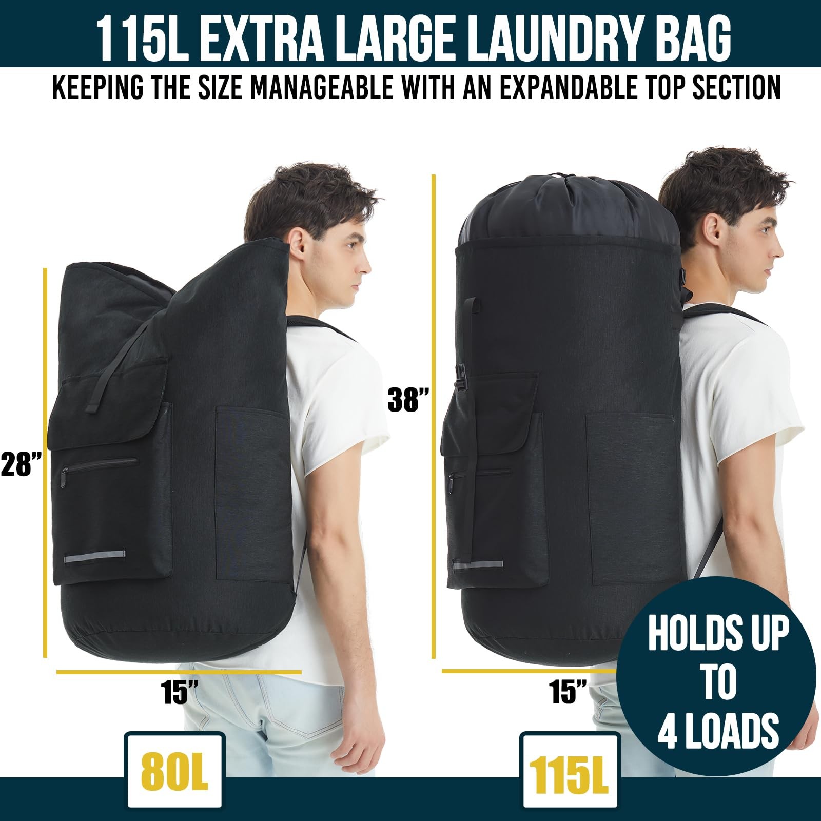 Laundry Bag Extra Large 115L, Backpack Bag, X-Large, 115L-Black