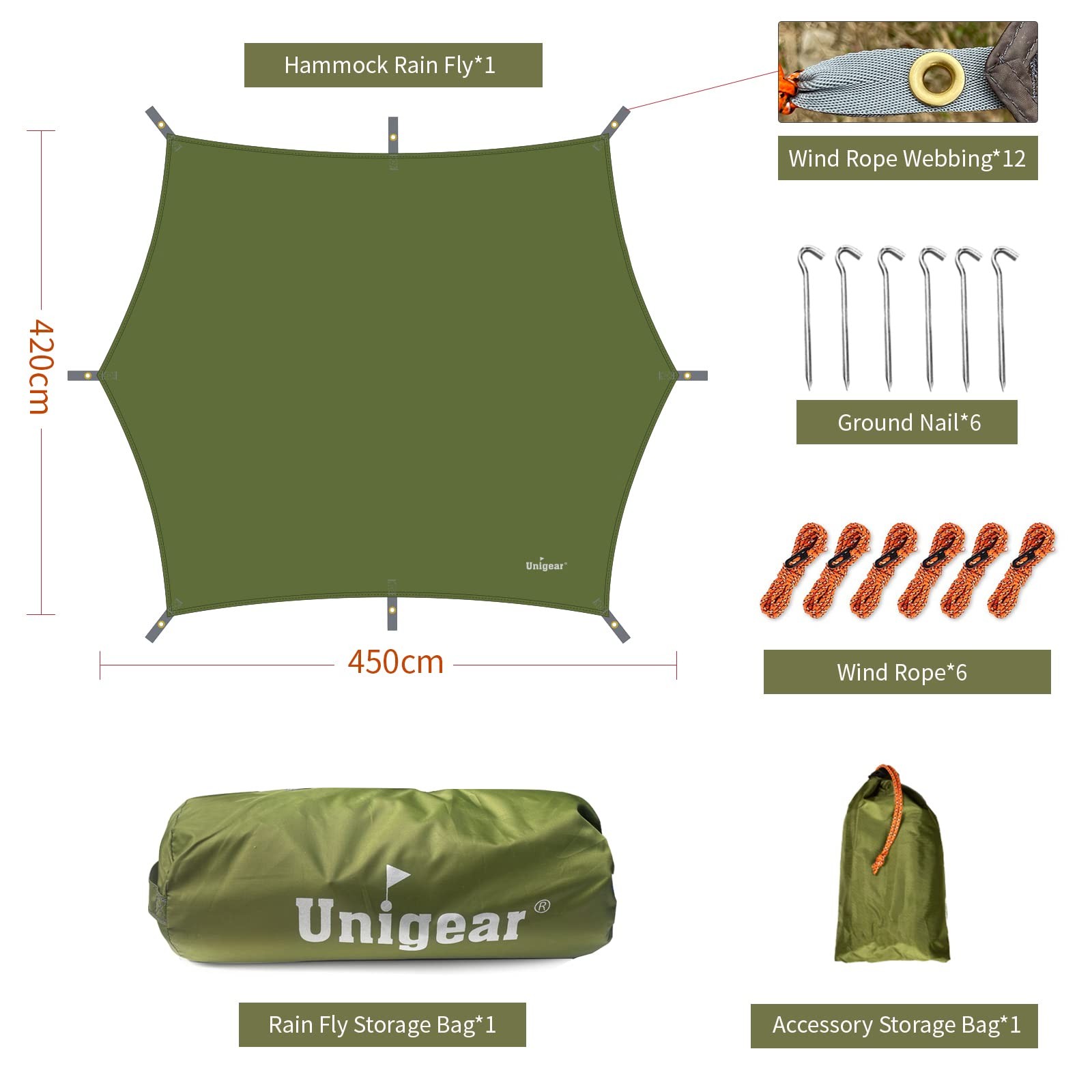 Unigear Hexagon Hammock Rain Fly,15x14FT/12x10FT 15 x 14 ft, Green