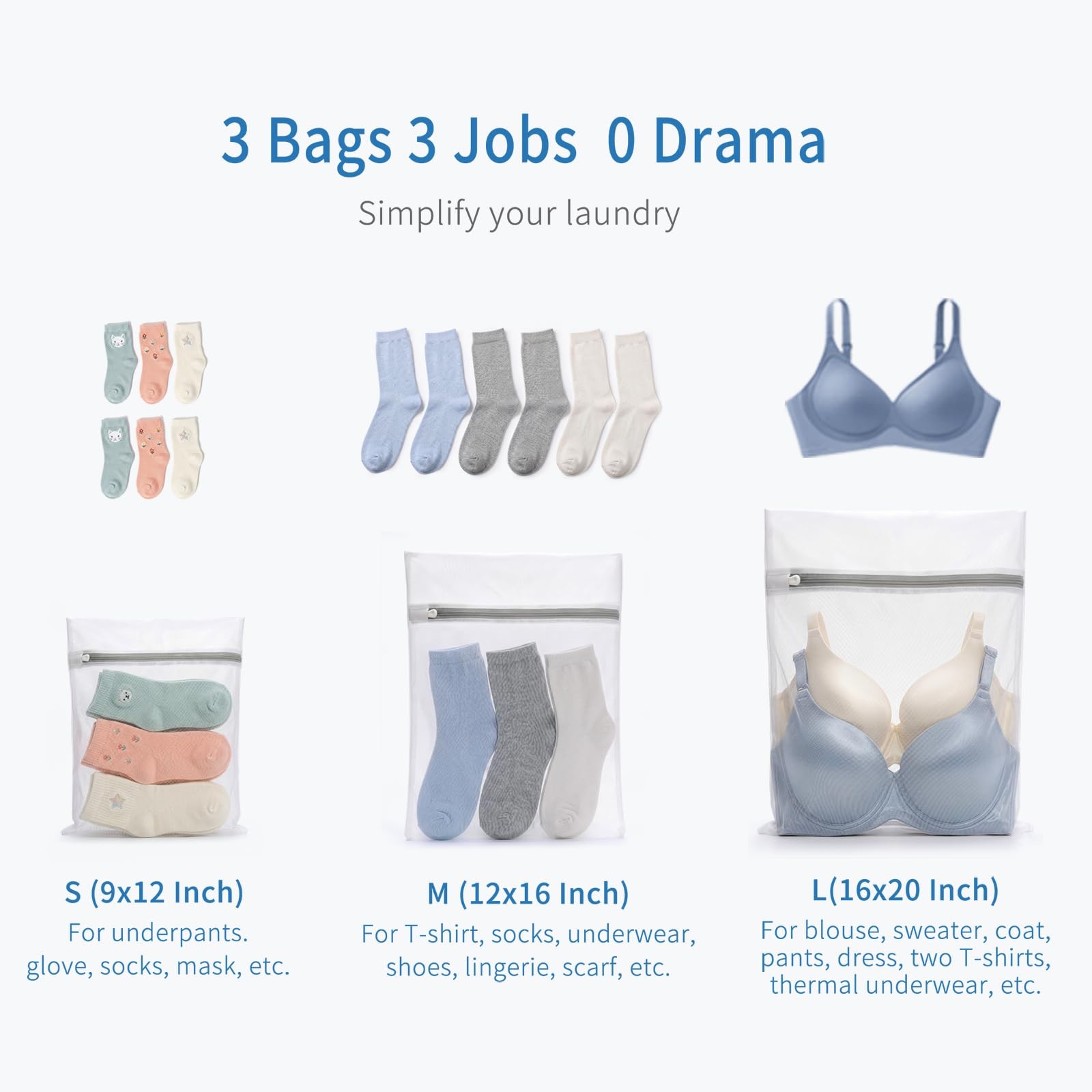 Muchfun 3Pcs Durable Fine Mesh Laundry Bags 1Large, 1Medium, 1Small, White