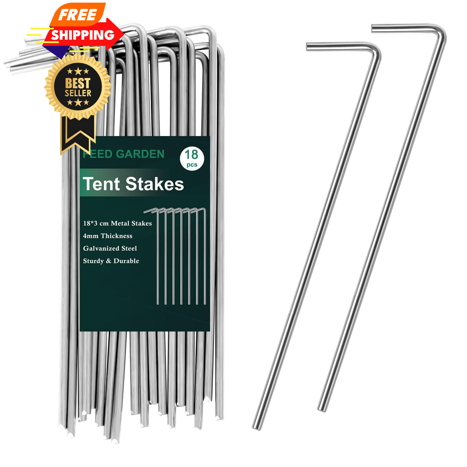 FEED GARDEN 7 Inch Tent Stakes 18 Pack Yard Inflatable 18 Pack, silver