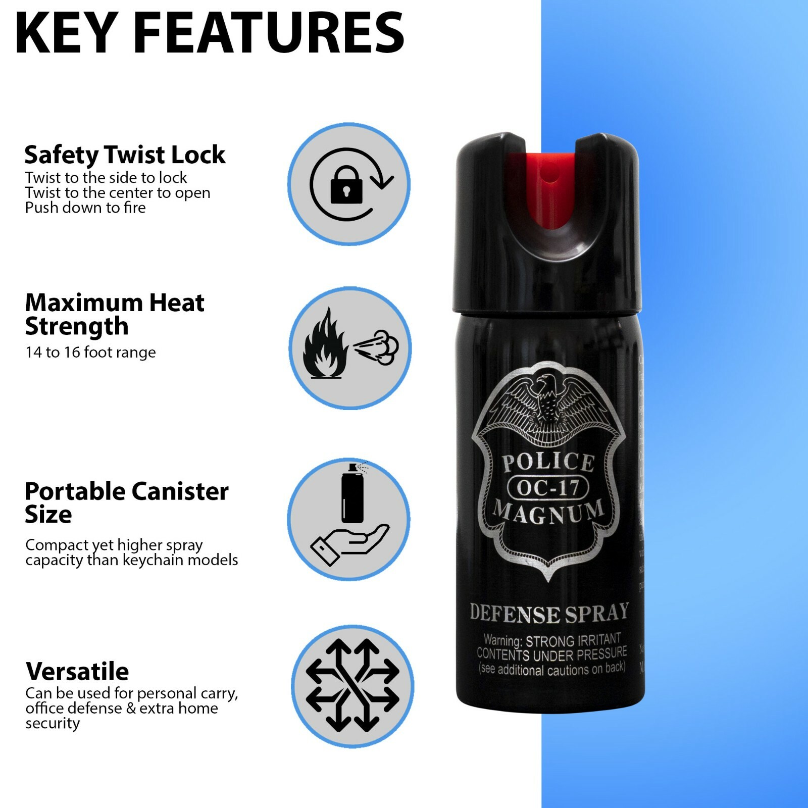 3 Police Magnum pepper spray 2 ounce Stream Twist Lock Safety Defense Protection
