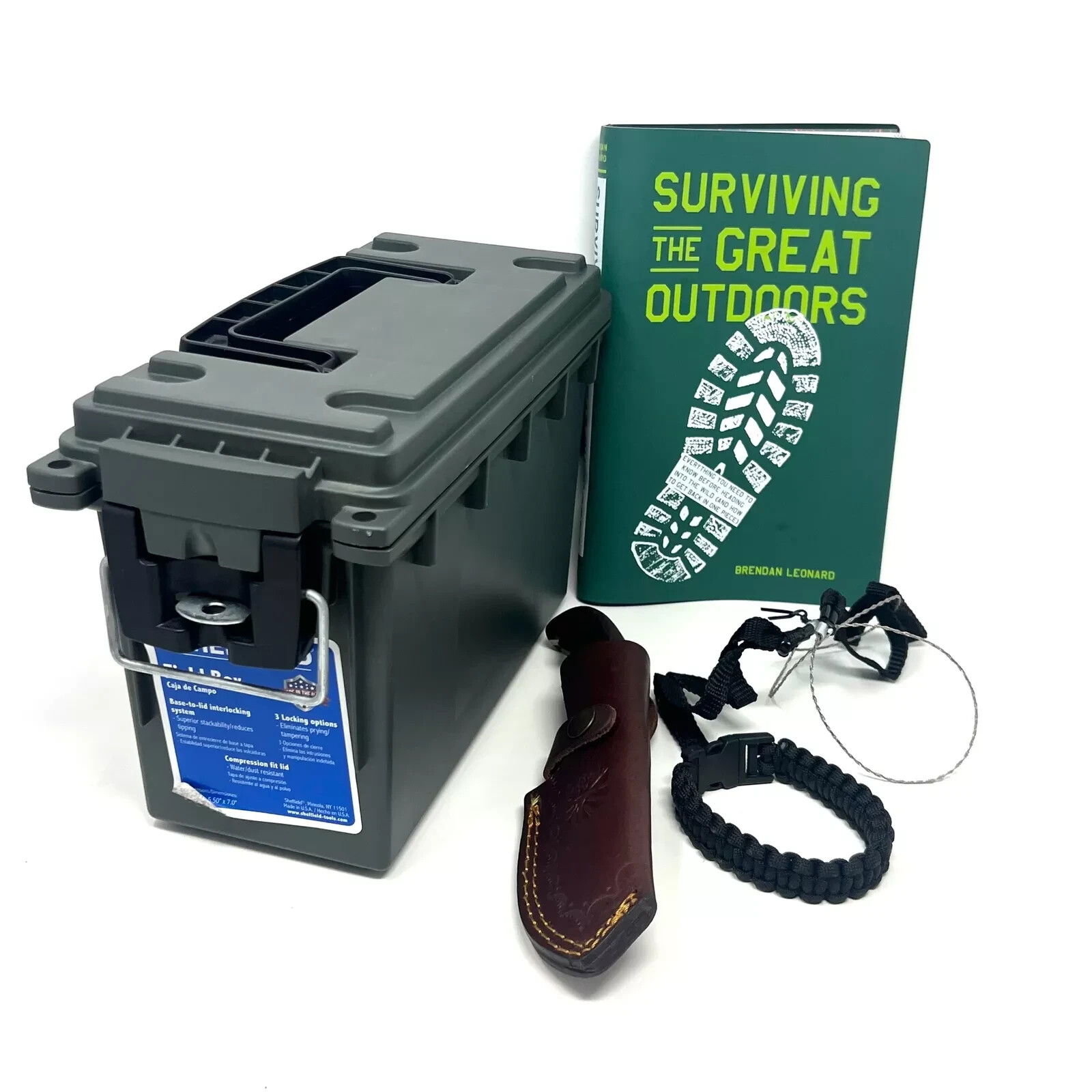 Sheffield Field Ammo Box w “Surviving The Great Outdoors” Book & Survival Gear