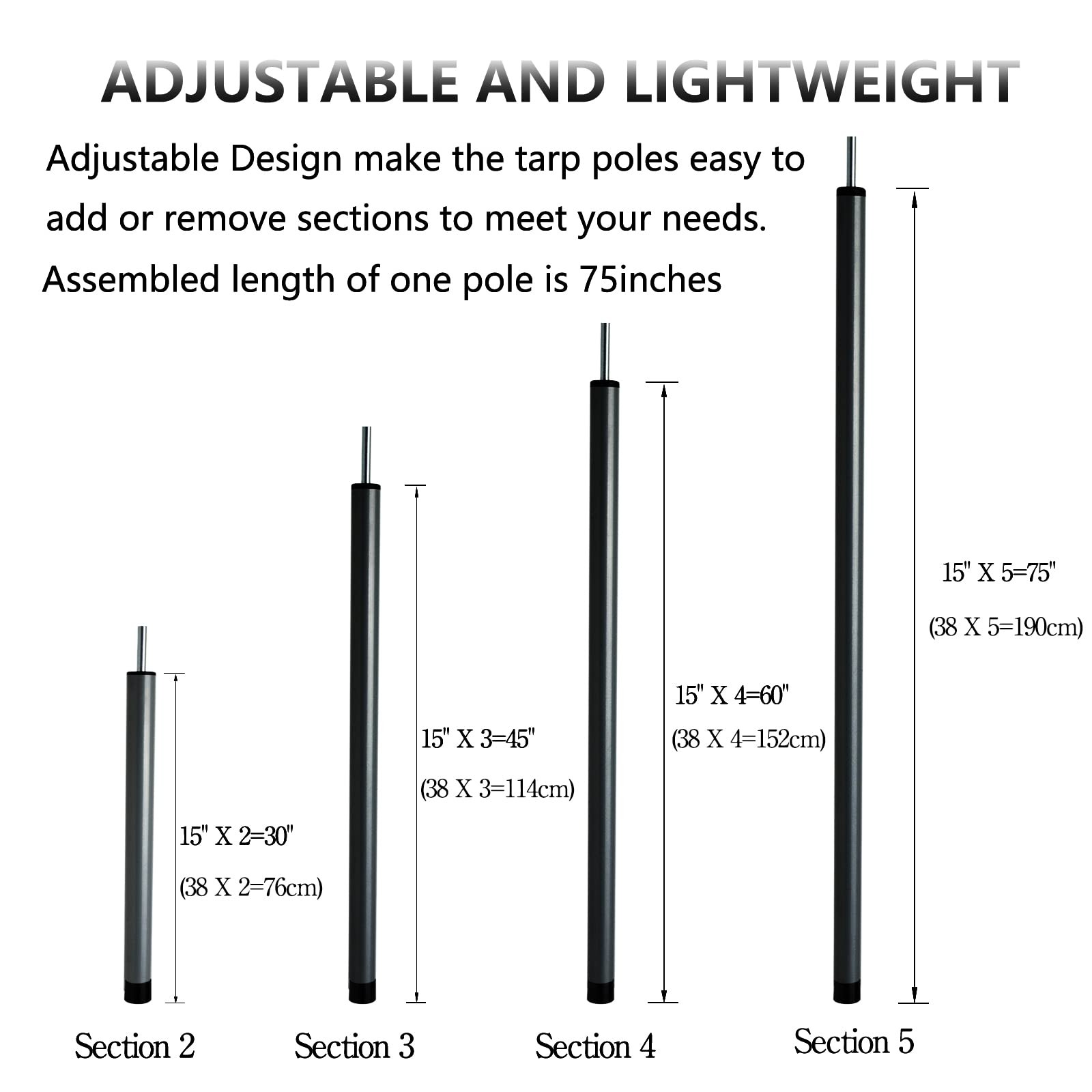 Tent Poles Adjustable Tarp Steel Rods for Canopy Camping Black