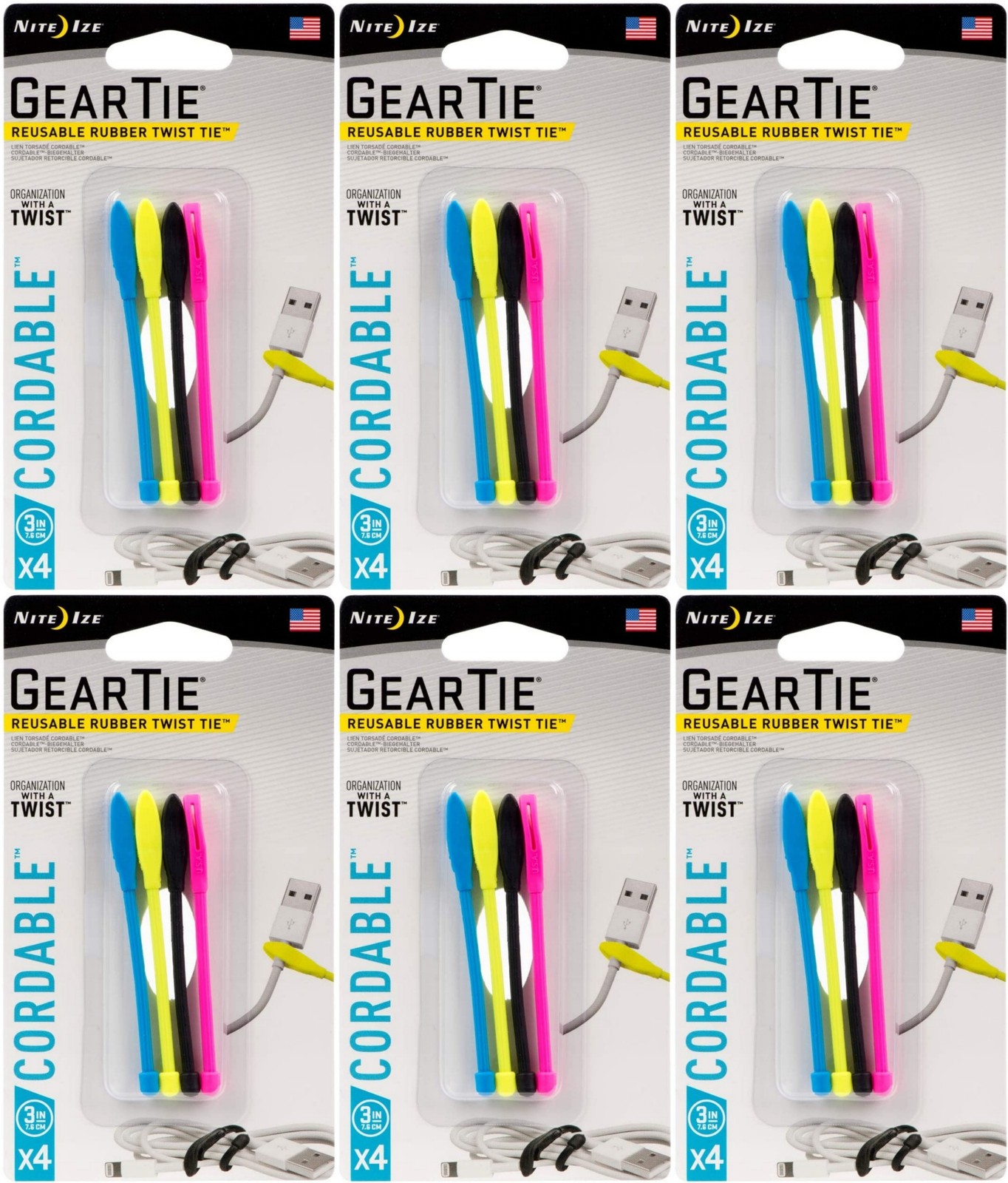 Nite Ize 4-Pack Gear Tie Cordable Twist Tie, 3″ – Assorted Colors (6-Pack)