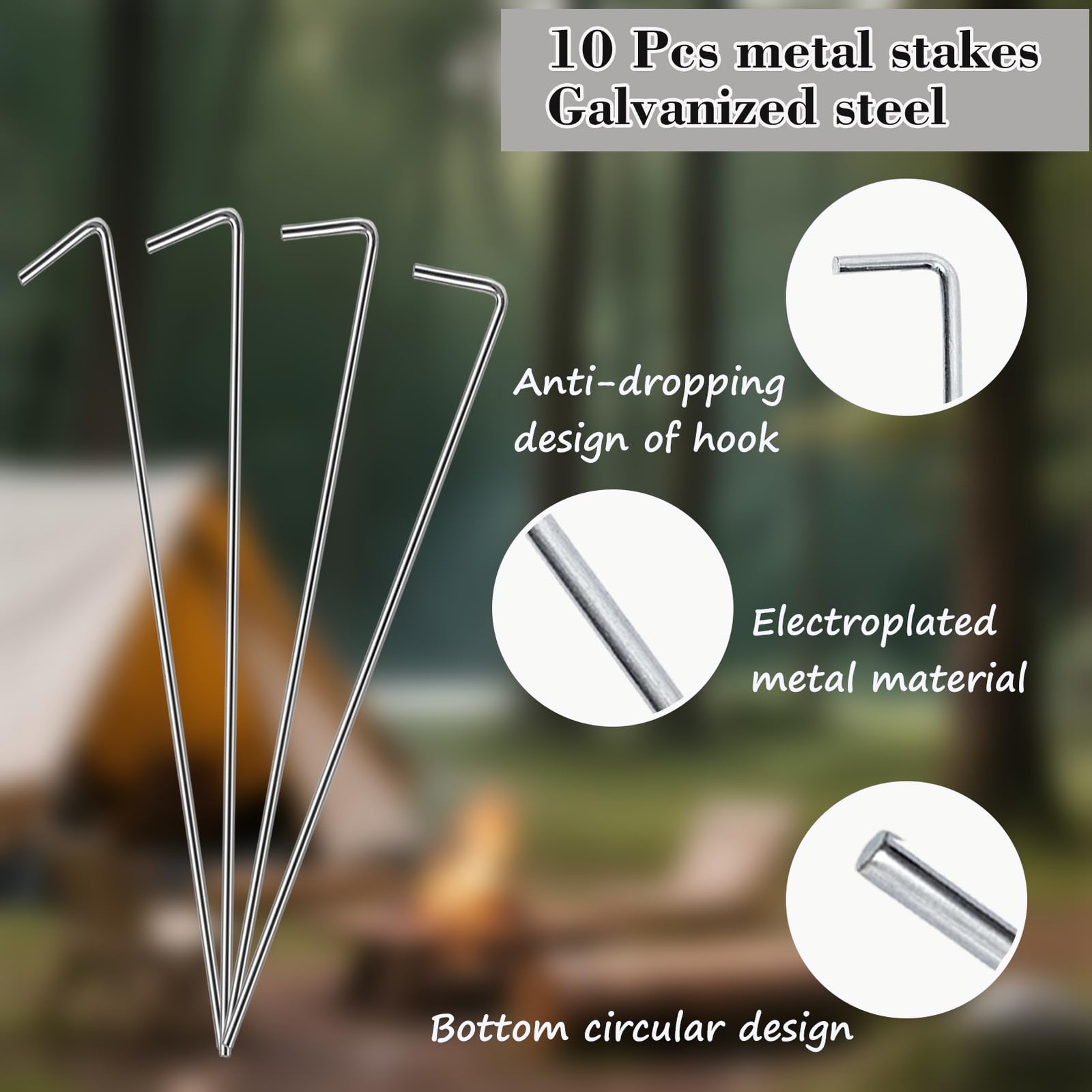 10 Pack 6.5 Inch Heavy Duty Metal Tent Stakes Silver Camping Ground Pegs