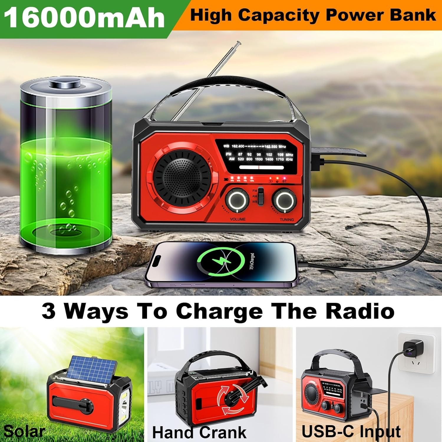 Solar Emergency Crank Radio with 16000mAh Power Bank – NOAA Weather Red