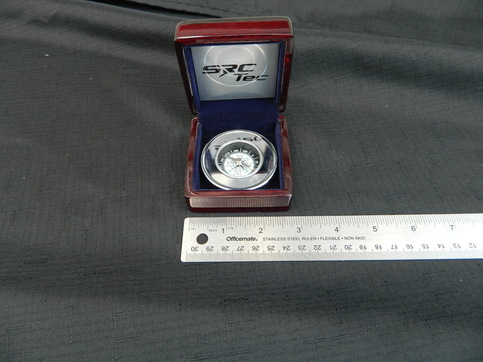 Vintage Chrome Compass w/ hinged Lacquered Wooden Box Advertising SRCTec 3″x3″